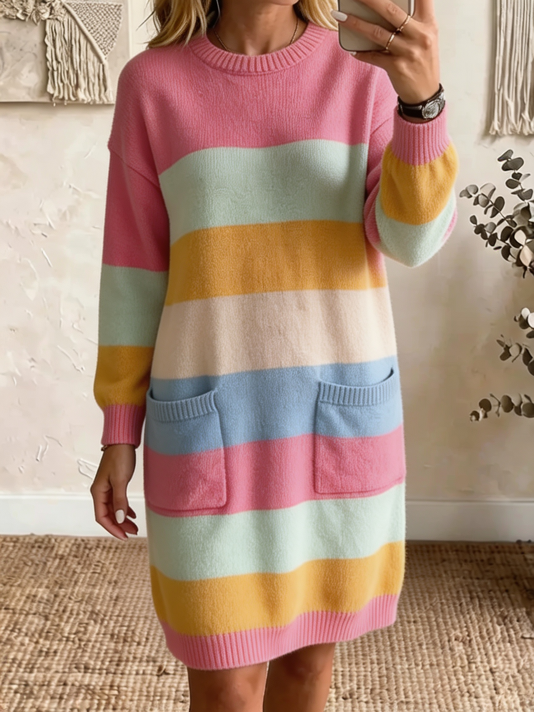Women Casual Colorblock Knit Sweater Dress