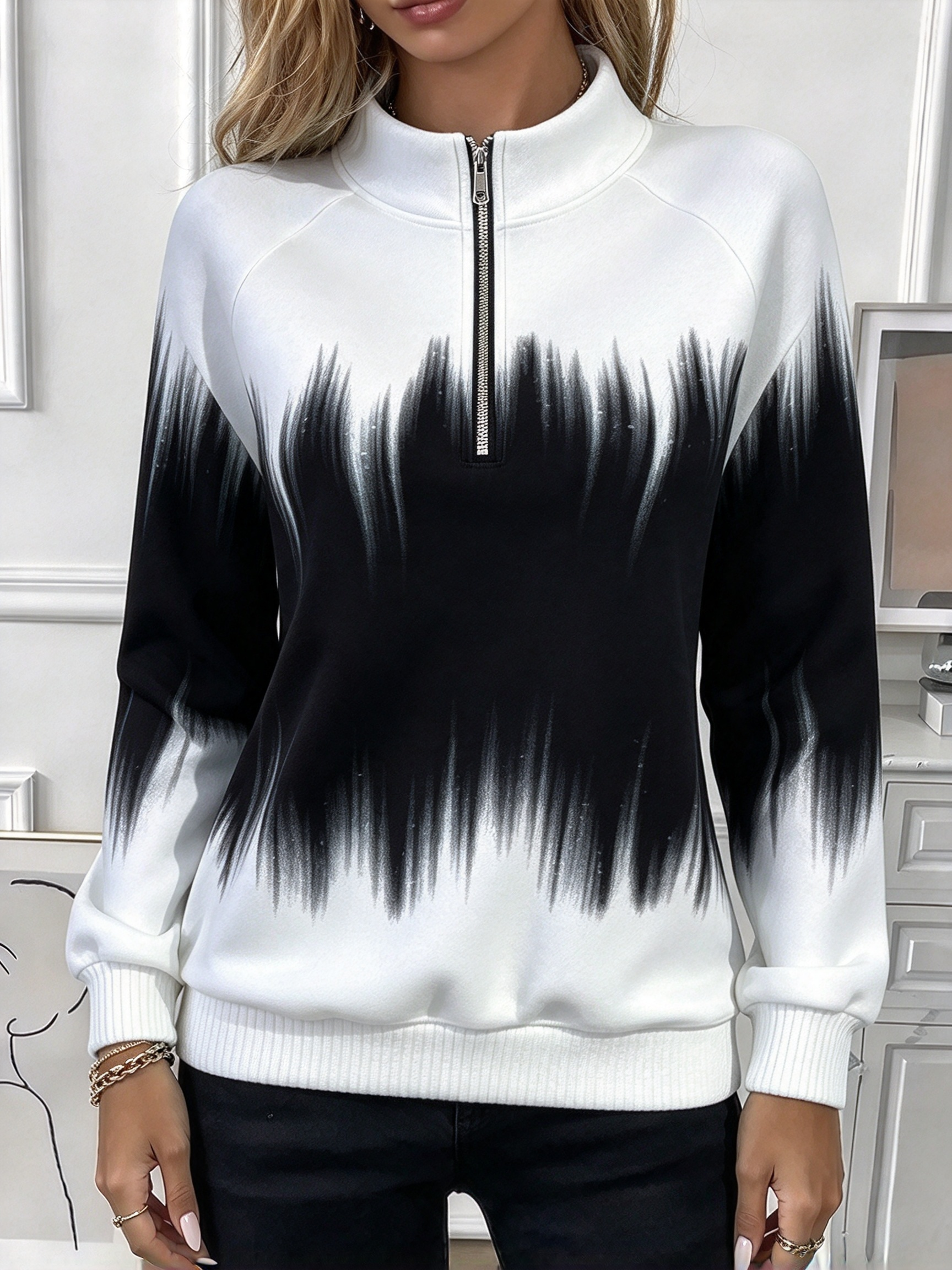 Women's Turquoise Abstract Print Half-Zip Sweatshirt