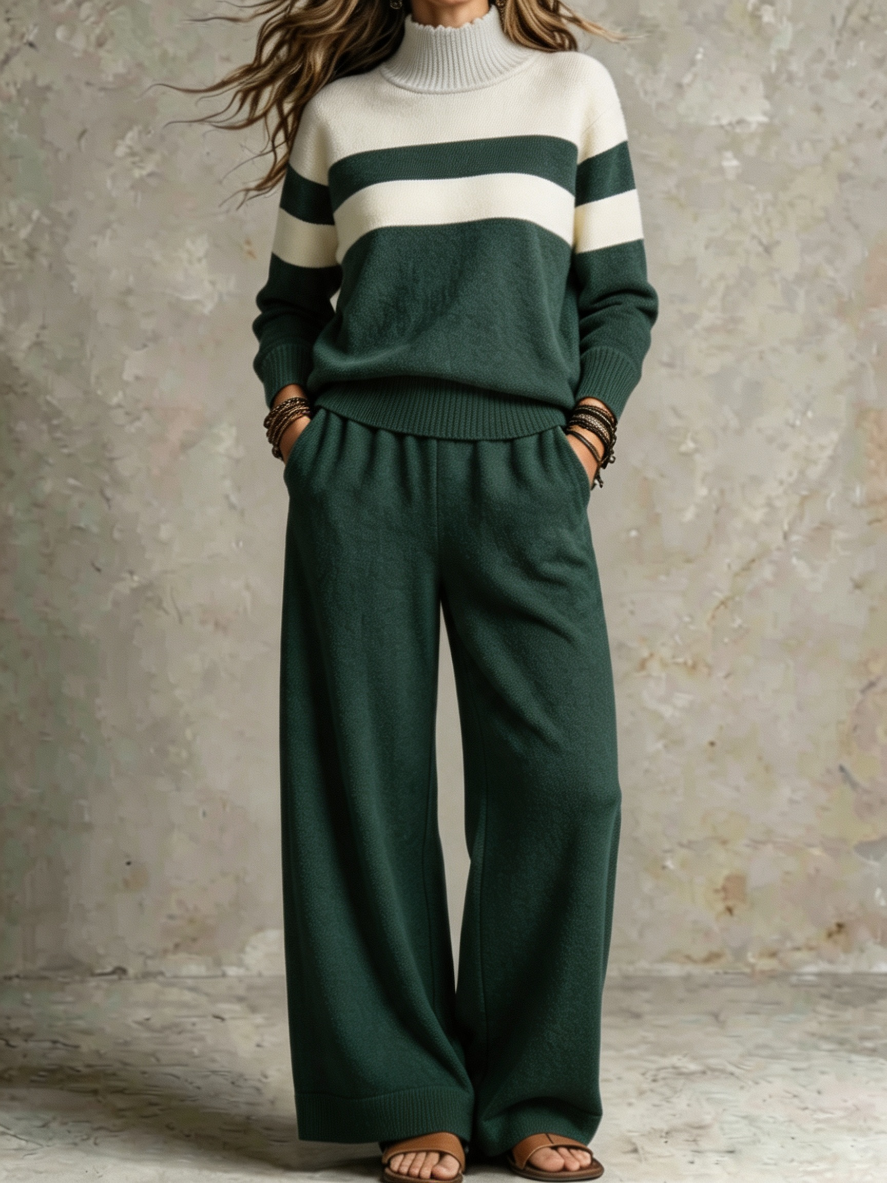 Women Cozy Striped Knit Two-Piece Set