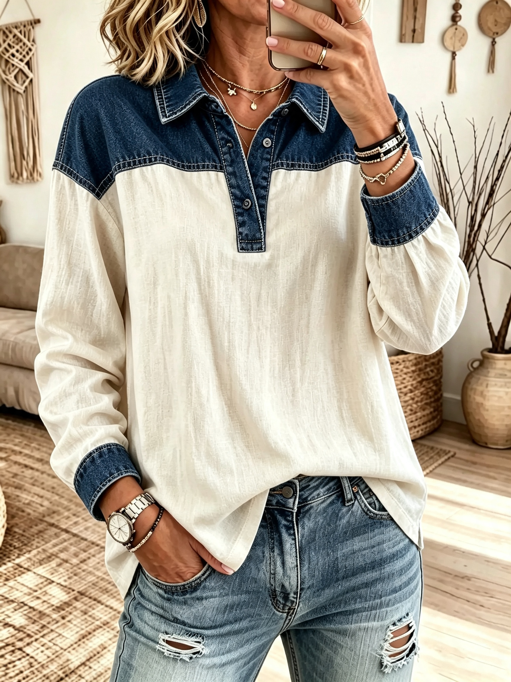 Women's Color-Block Denim Polo Blouse