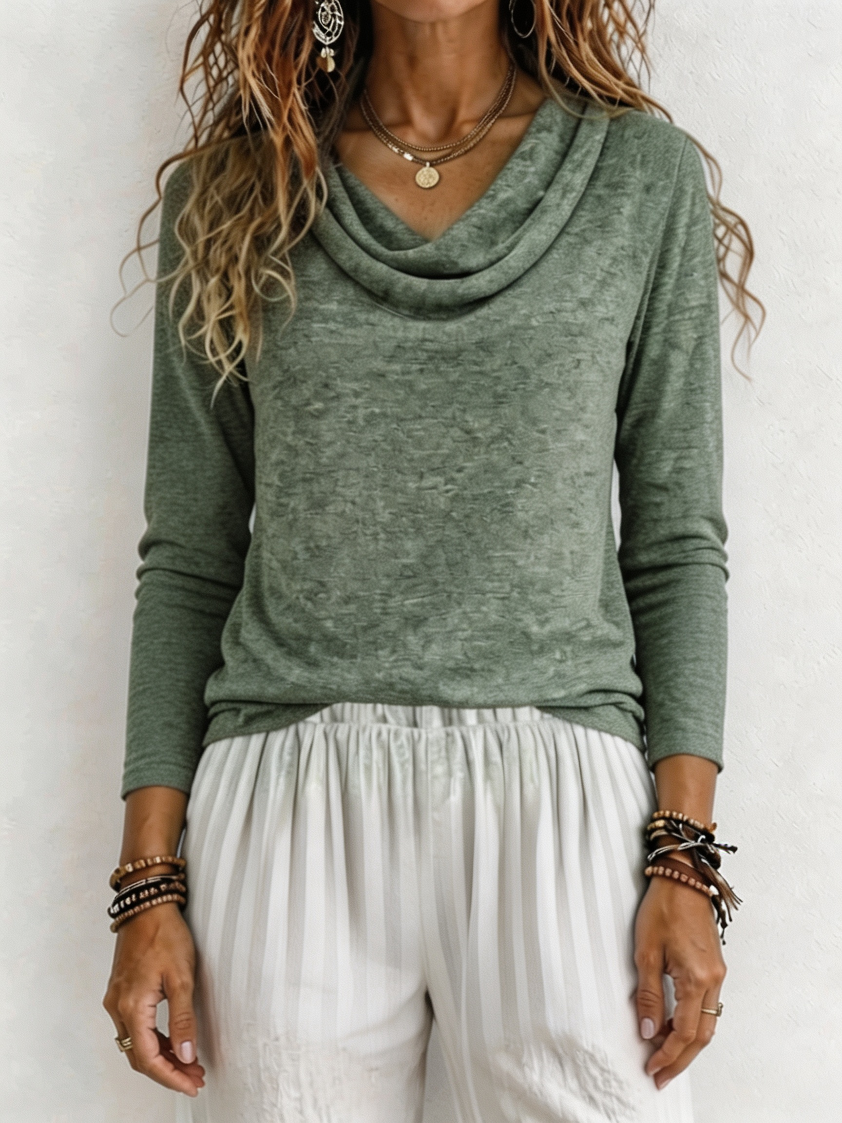 Women Casual Cowl Neck Long-Sleeve Top