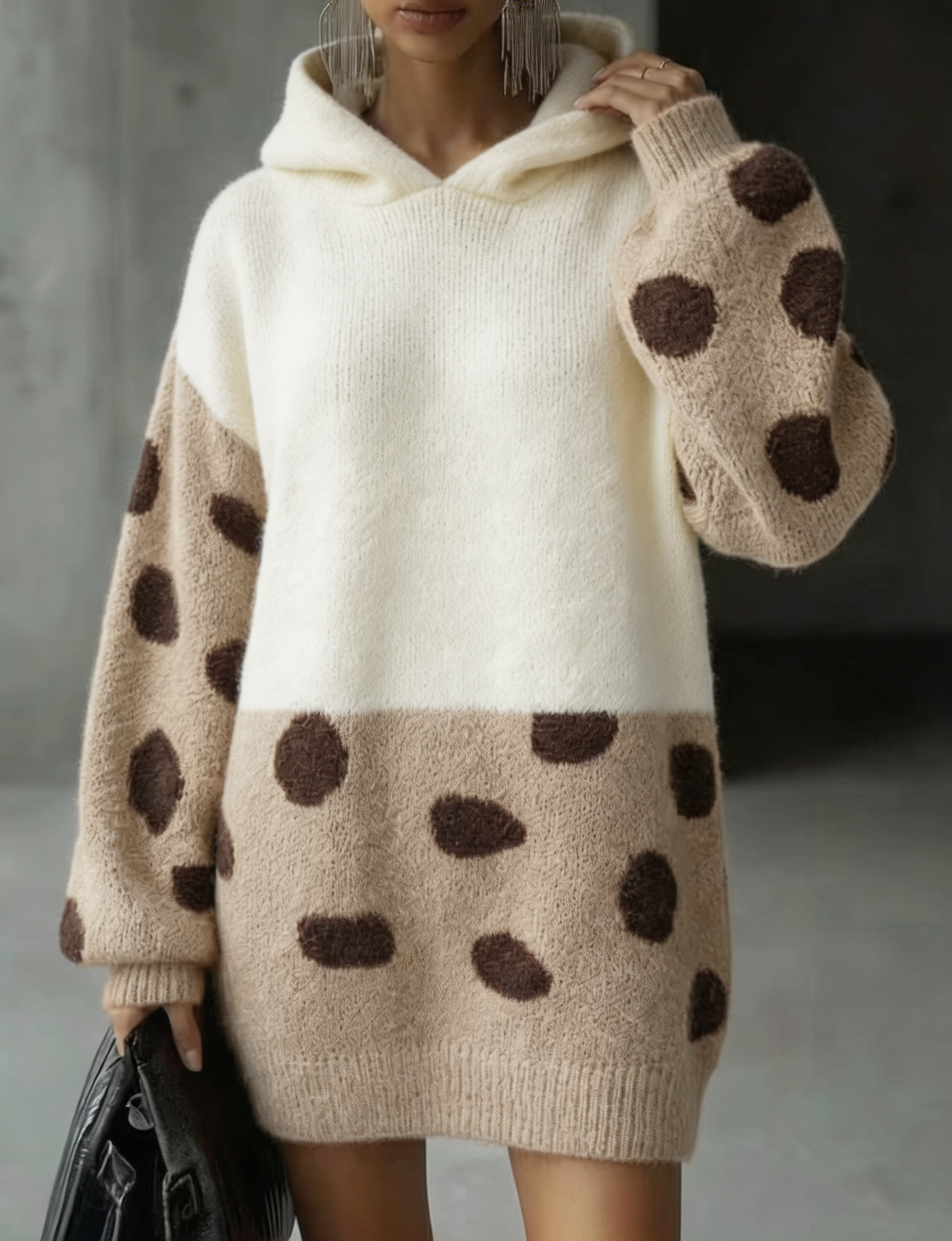 Women Color Block Polka Dot Hooded Knit Sweater Dress
