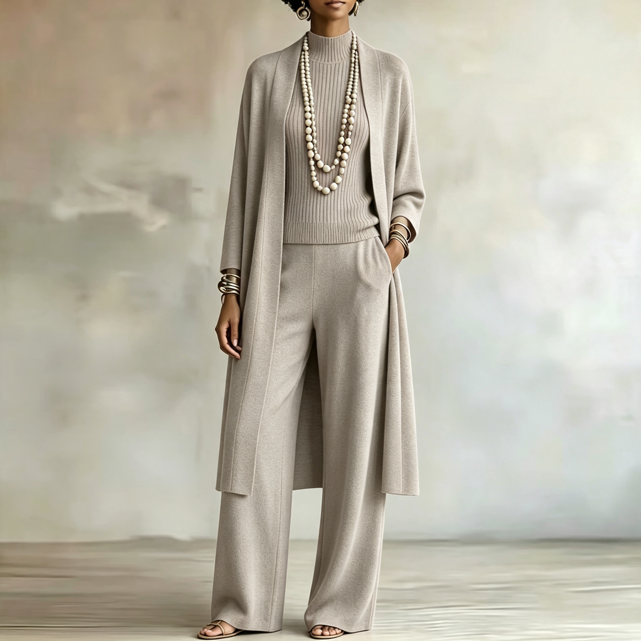 Women Stylish Long Knit Set — 3-Piece Set: Shawl-Collar Cardigan, Turtleneck Tank Top, and Wide-Leg Pants