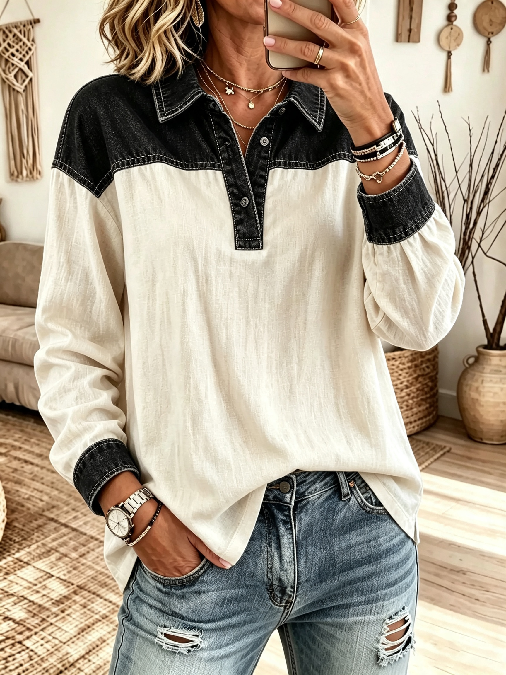Women's Color-Block Denim Polo Blouse