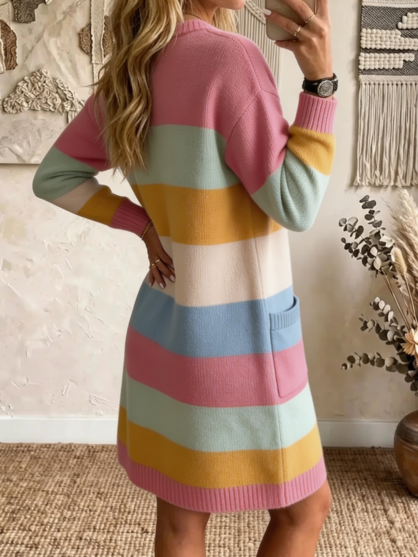 Women Casual Colorblock Knit Sweater Dress