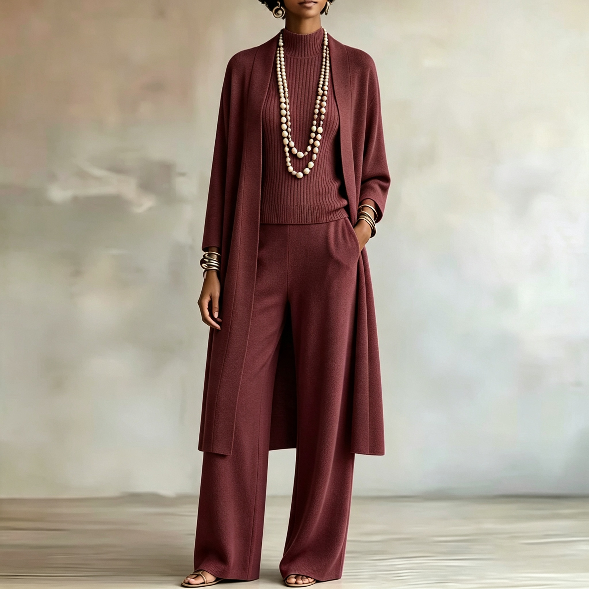 Women Stylish Long Knit Set — 3-Piece Set: Shawl-Collar Cardigan, Turtleneck Tank Top, and Wide-Leg Pants