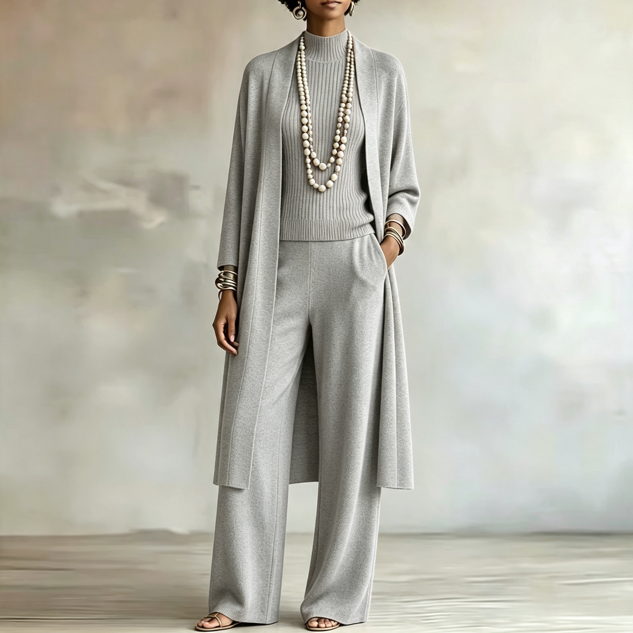 Women Stylish Long Knit Set — 3-Piece Set: Shawl-Collar Cardigan, Turtleneck Tank Top, and Wide-Leg Pants