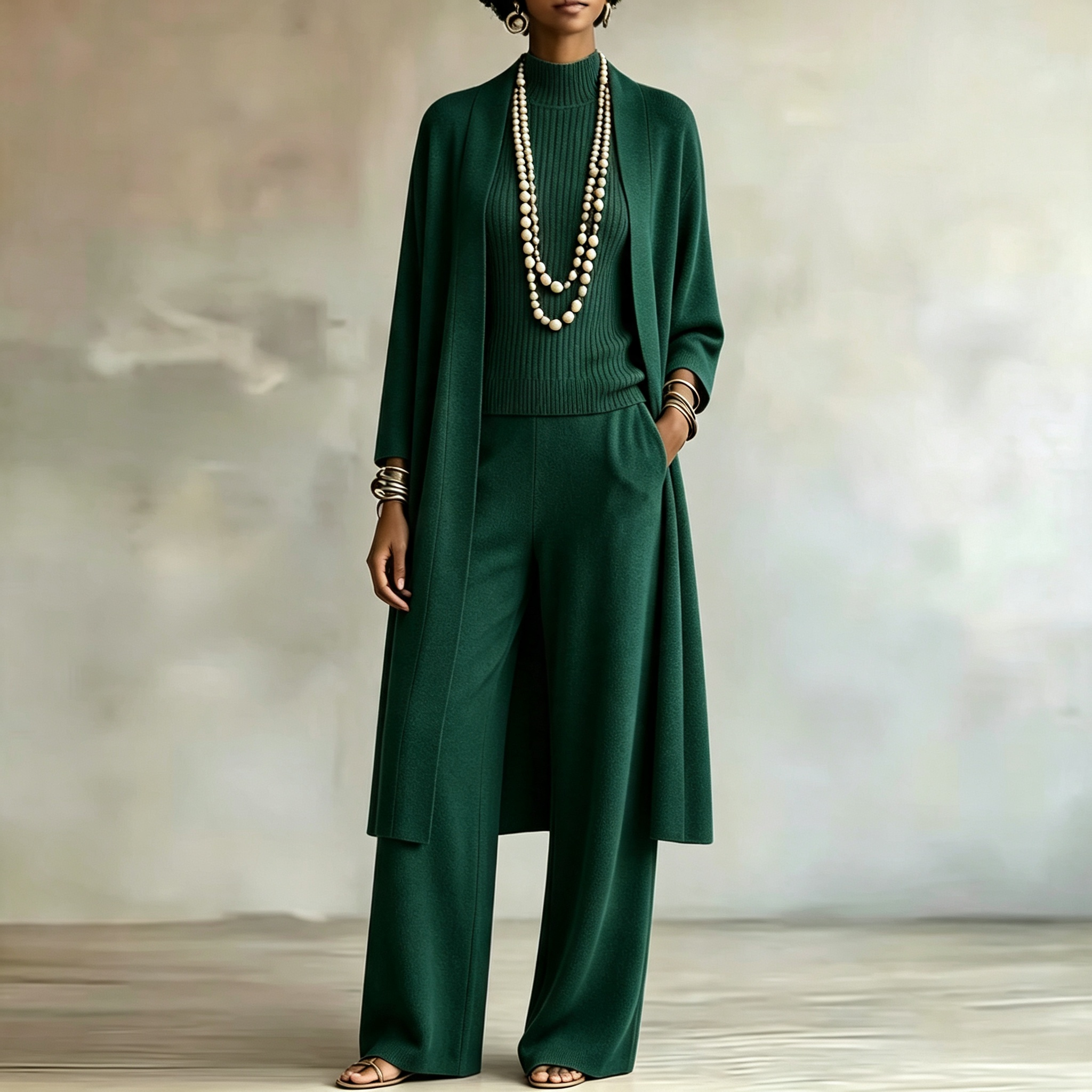 Women Stylish Long Knit Set — 3-Piece Set: Shawl-Collar Cardigan, Turtleneck Tank Top, and Wide-Leg Pants