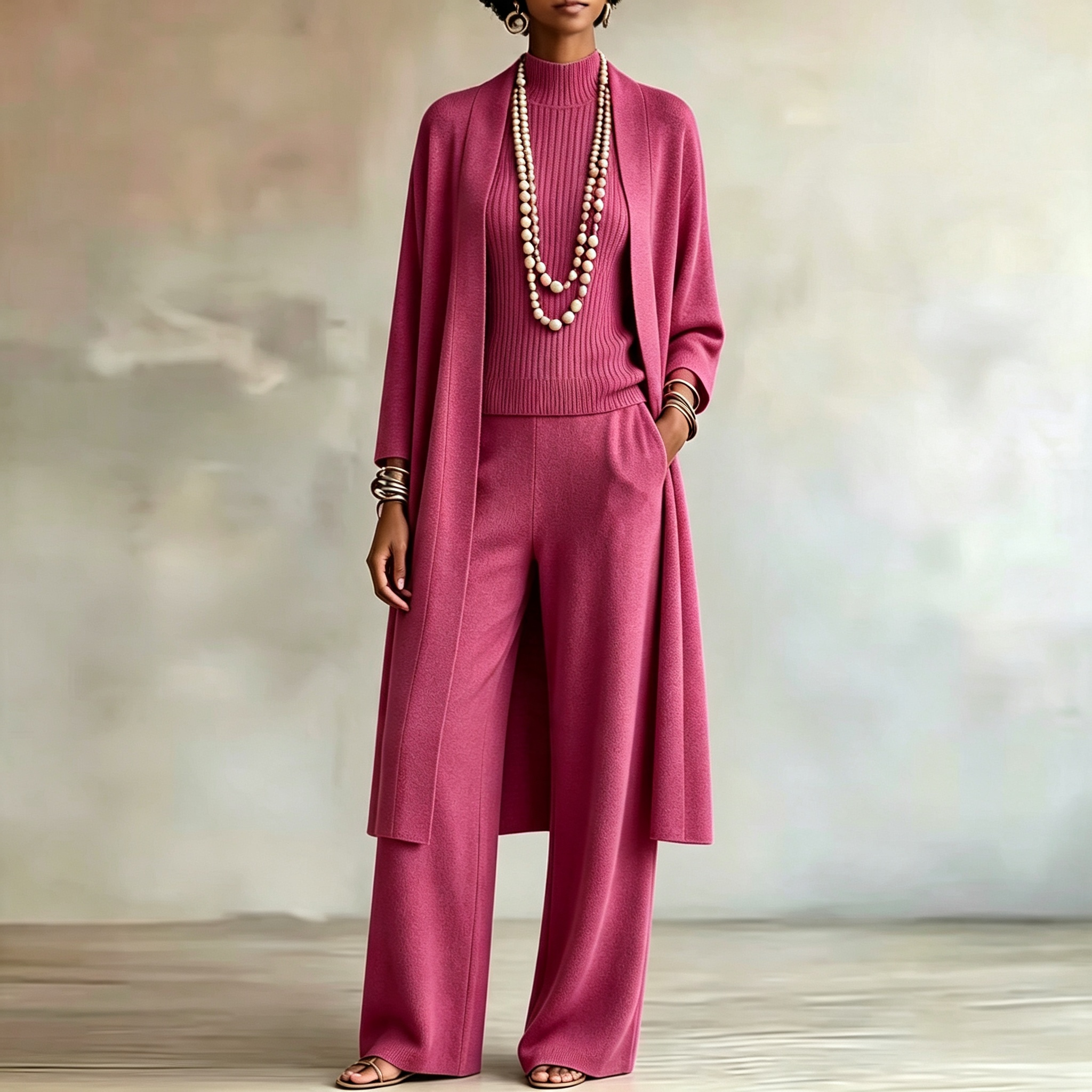 Women Stylish Long Knit Set — 3-Piece Set: Shawl-Collar Cardigan, Turtleneck Tank Top, and Wide-Leg Pants