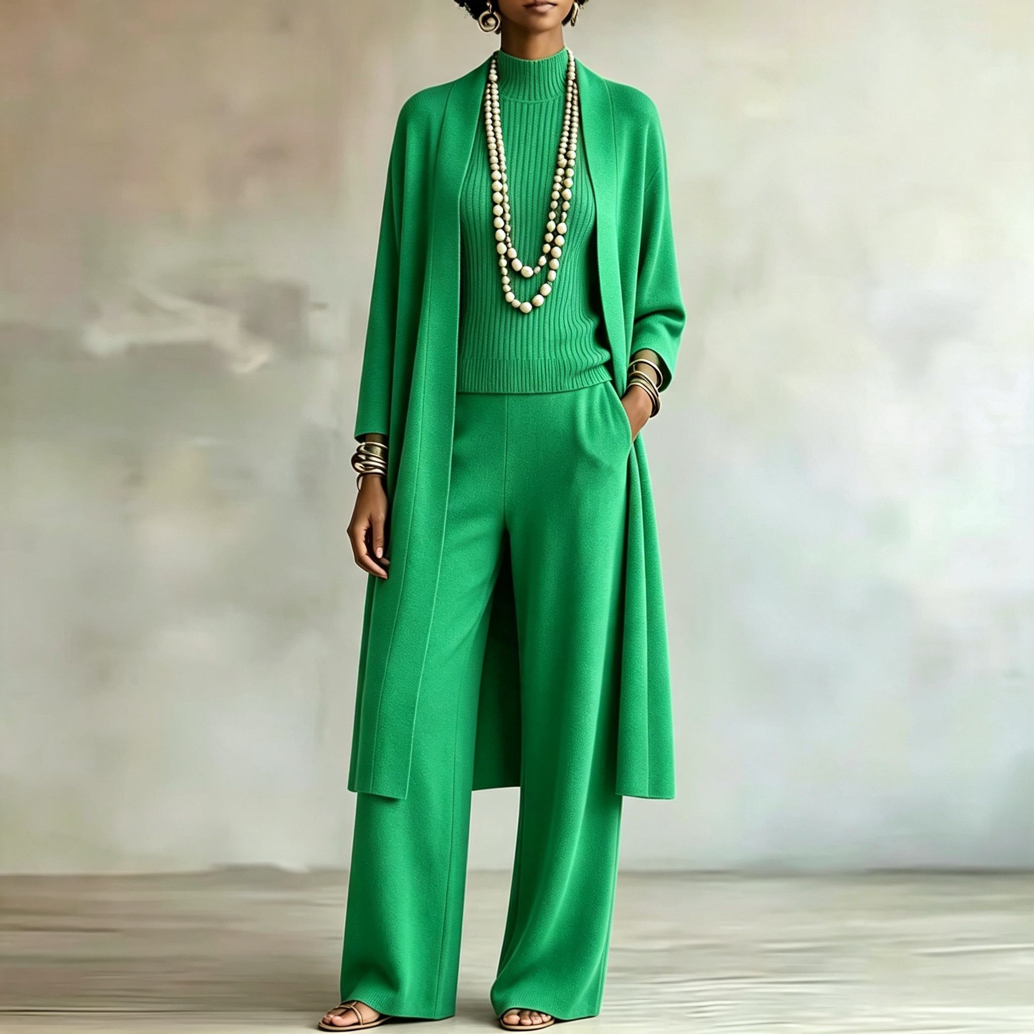 Women Stylish Long Knit Set — 3-Piece Set: Shawl-Collar Cardigan, Turtleneck Tank Top, and Wide-Leg Pants