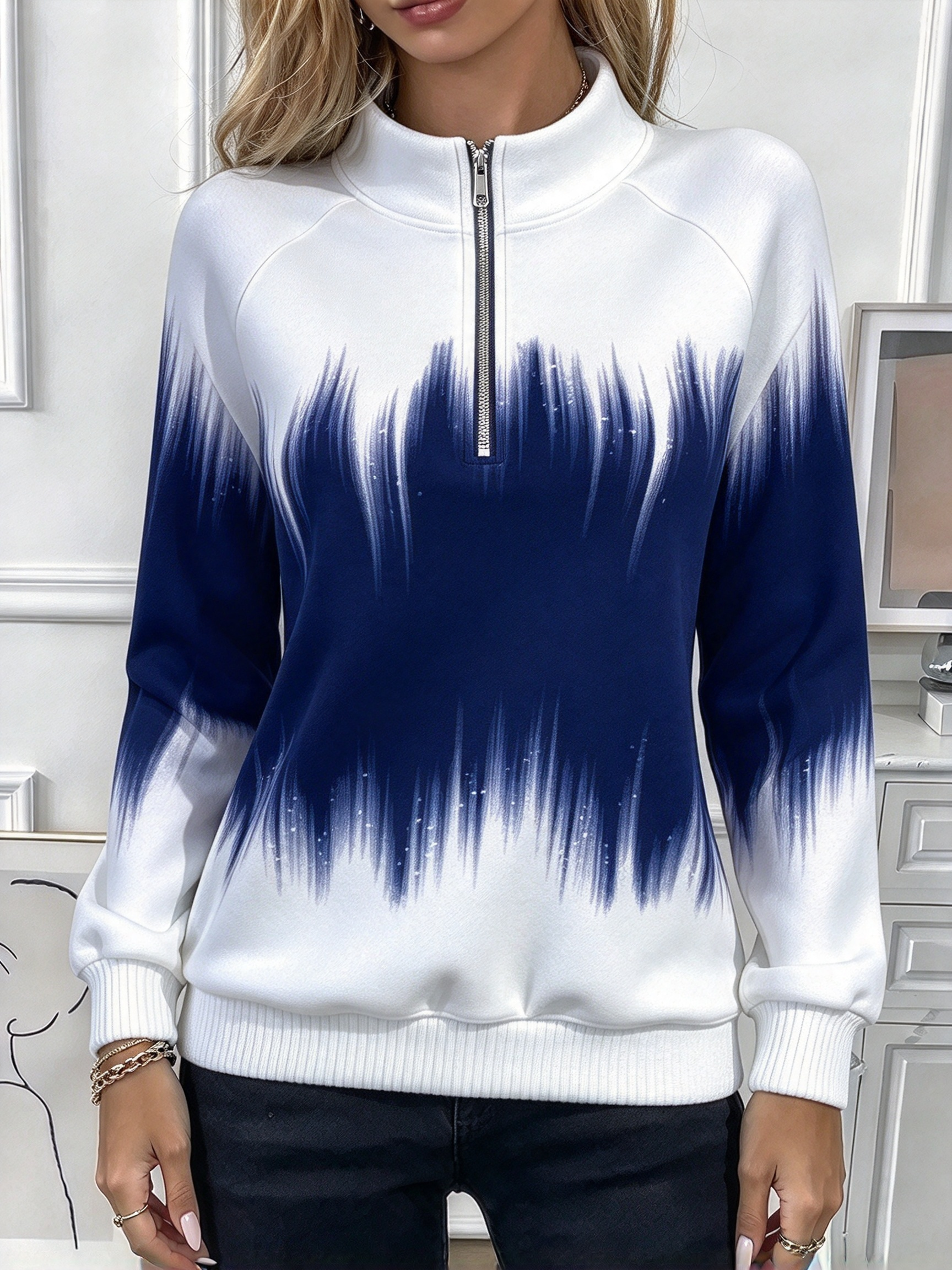 Women's Turquoise Abstract Print Half-Zip Sweatshirt
