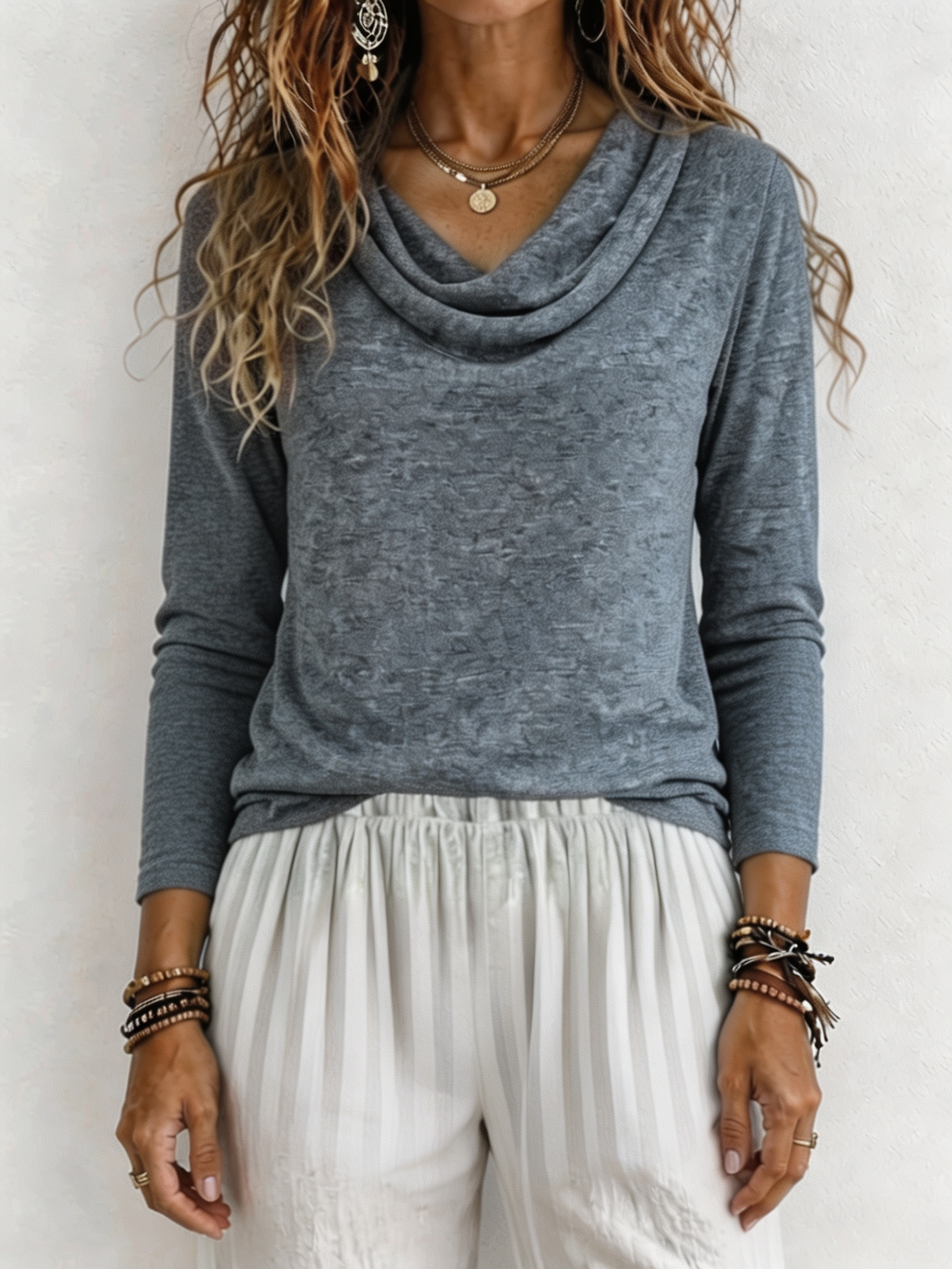 Women Casual Cowl Neck Long-Sleeve Top
