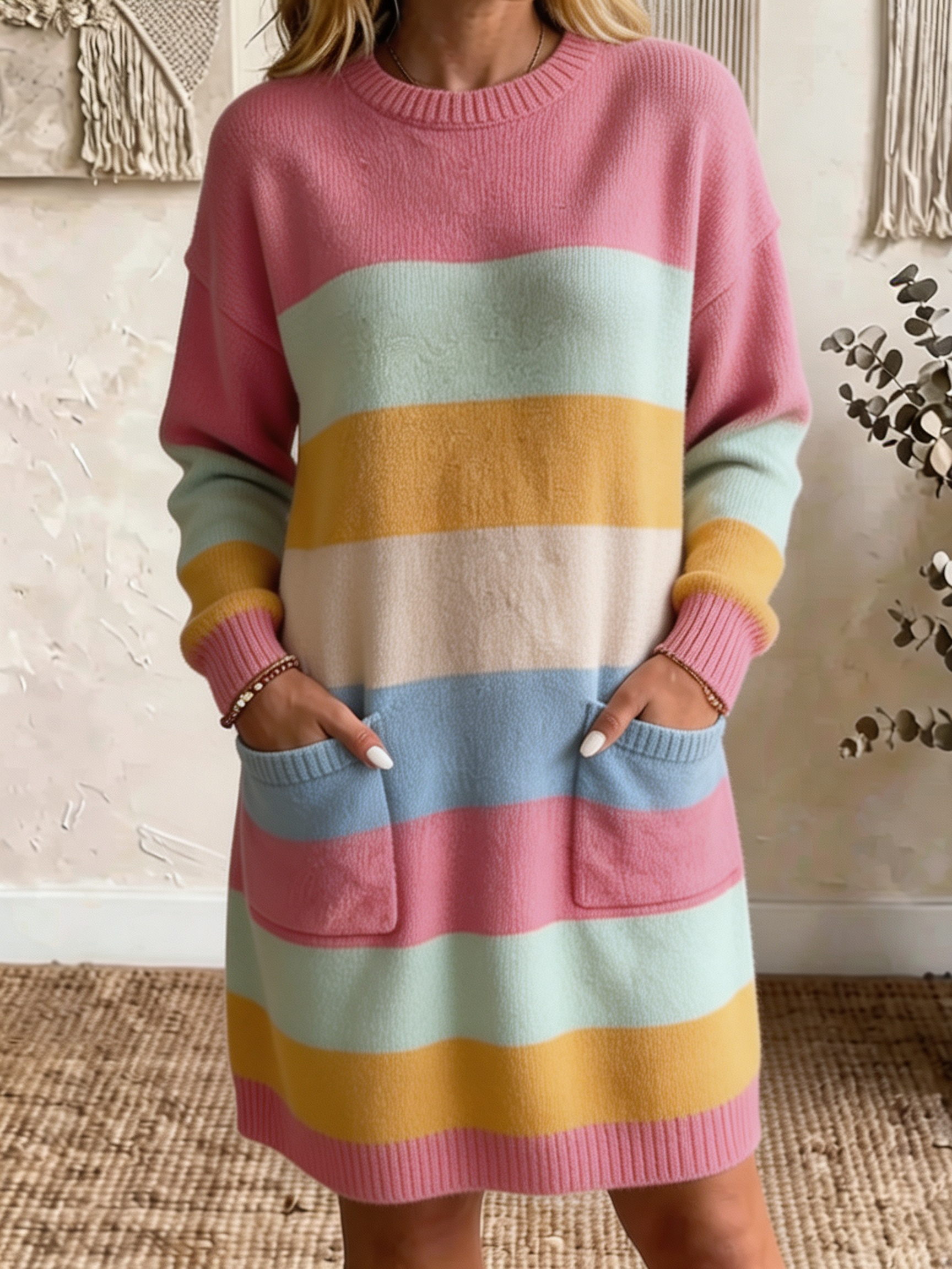 Women Casual Colorblock Knit Sweater Dress