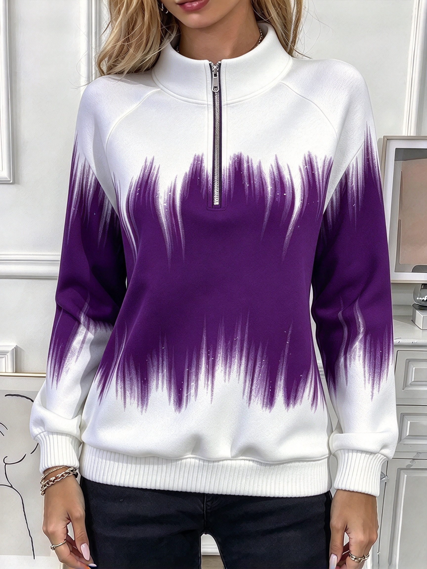 Women's Turquoise Abstract Print Half-Zip Sweatshirt