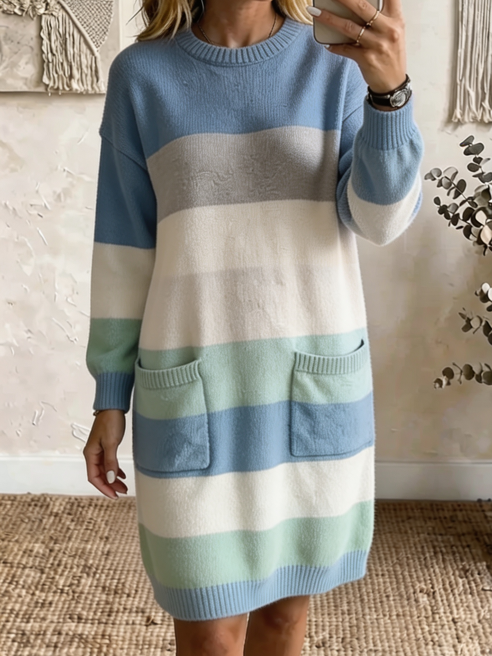 Women Casual Colorblock Knit Sweater Dress