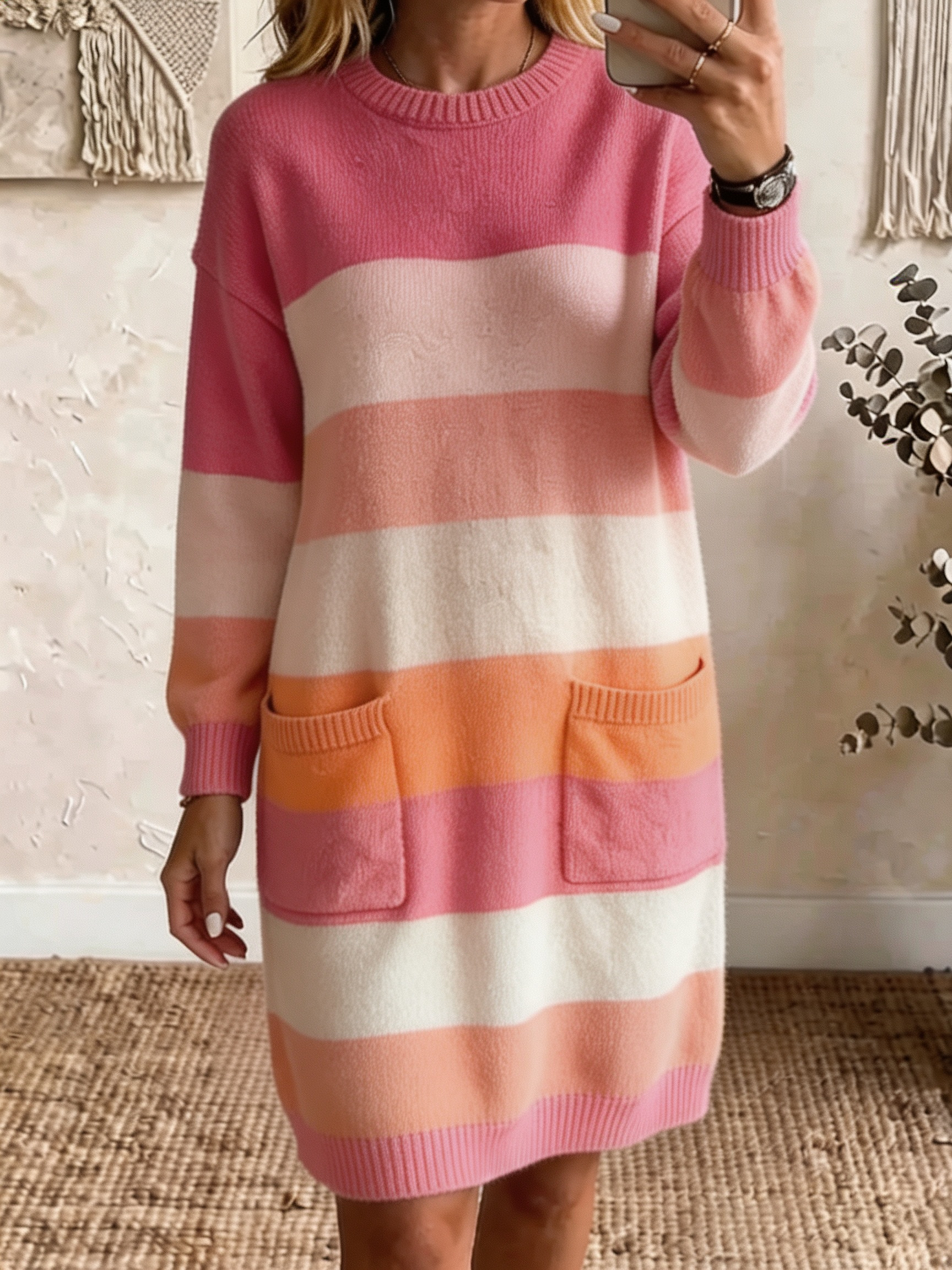 Women Casual Colorblock Knit Sweater Dress