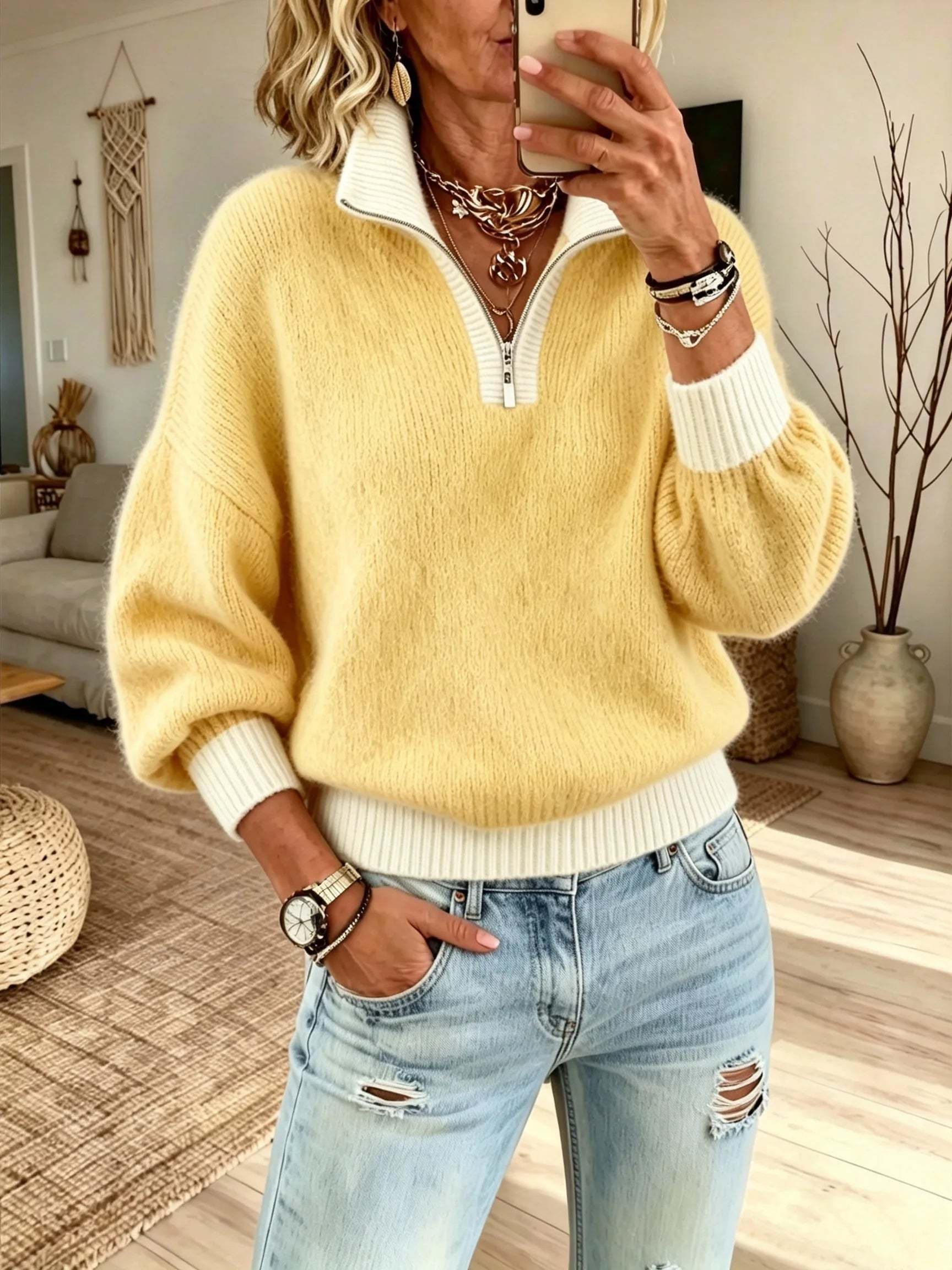 Half-Zip Mock Neck Sweater – Relaxed Fit Cozy Knit Pullover