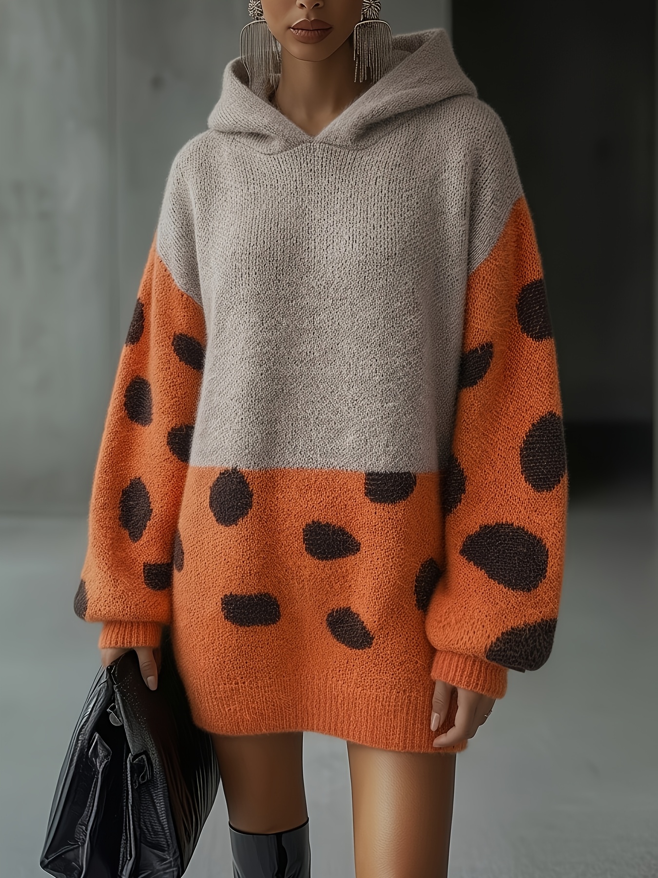 Women Color Block Polka Dot Hooded Knit Sweater Dress