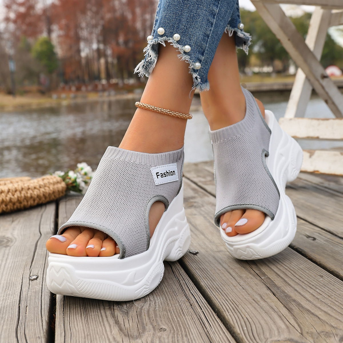 Women's Solid Color Casual Sandals, Platform Elastic Soft Sole Knitted Walking Shoes, Heightening Wedge Vacation Shoes
