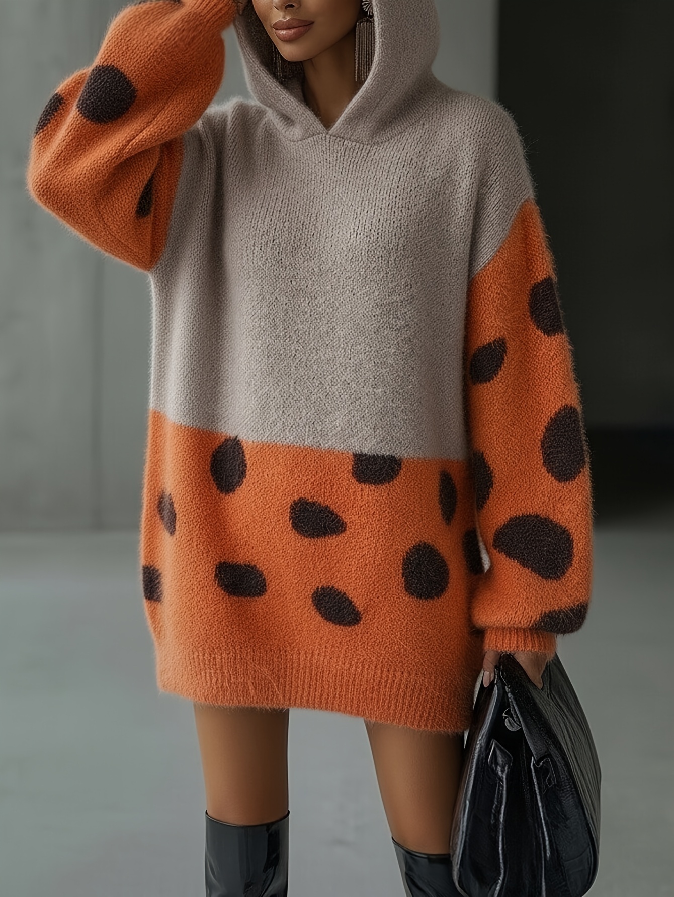 Women Color Block Polka Dot Hooded Knit Sweater Dress
