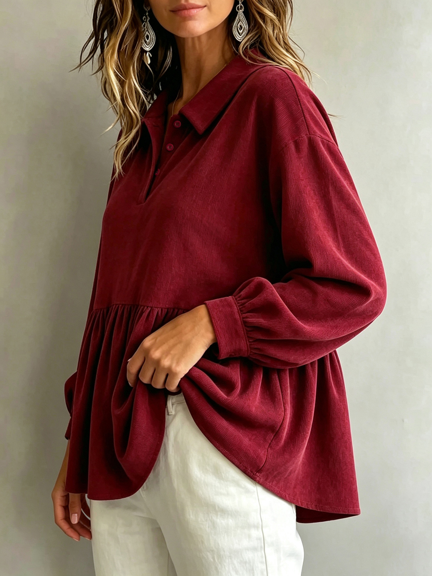 Women Burgundy Collared Peplum Blouse