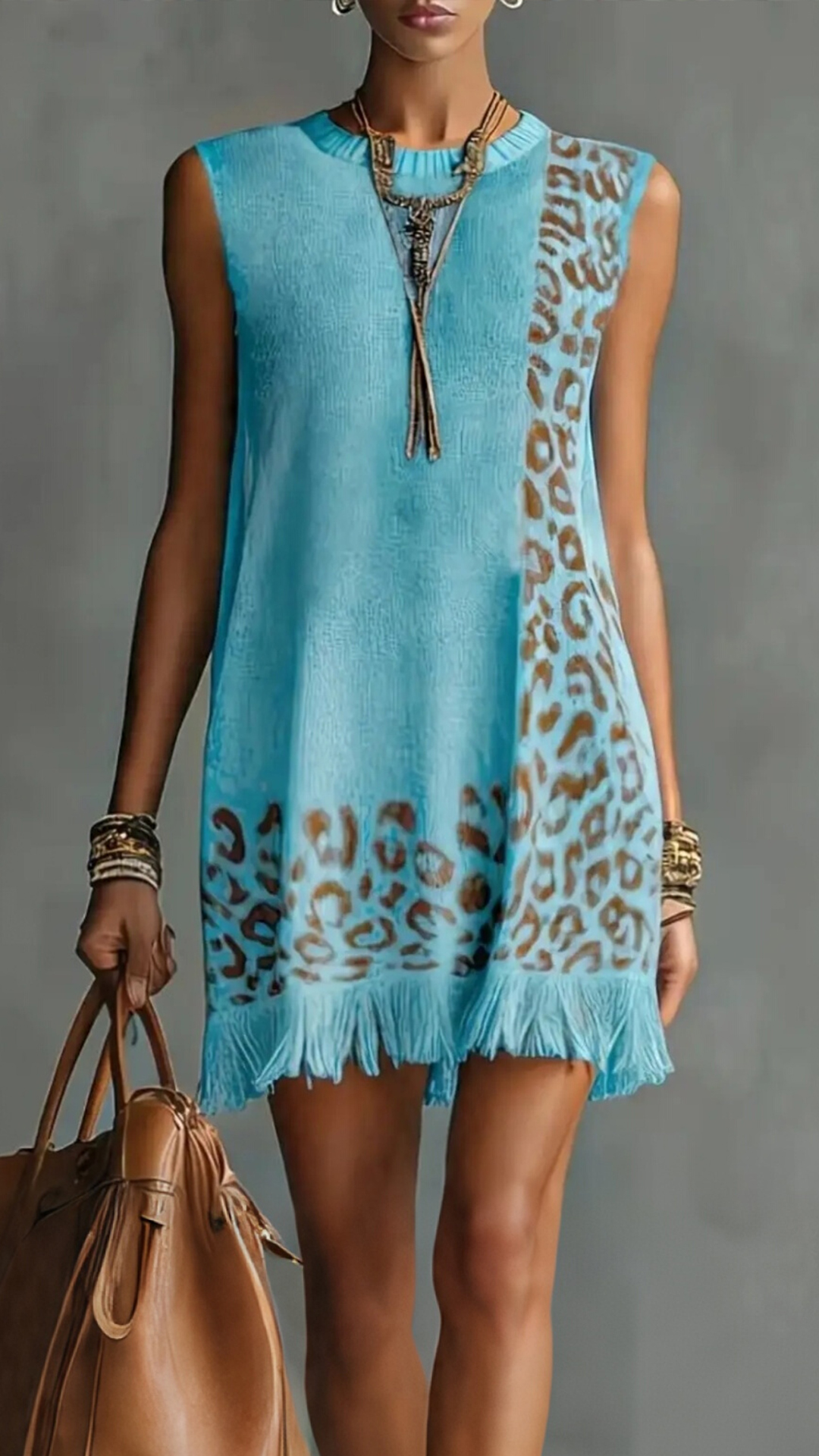 Women Sleeveless leopard-print wool skirt-dress