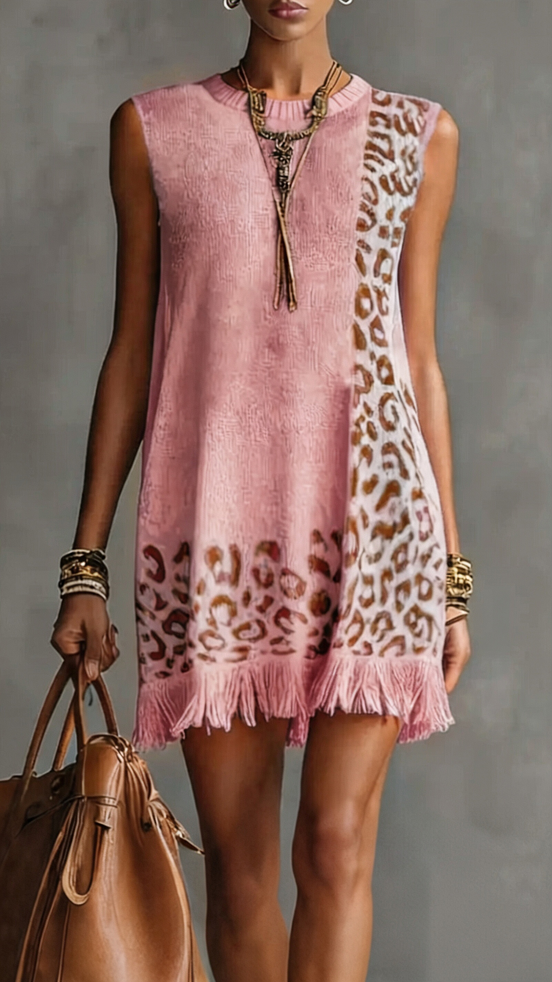 Women Sleeveless leopard-print wool skirt-dress