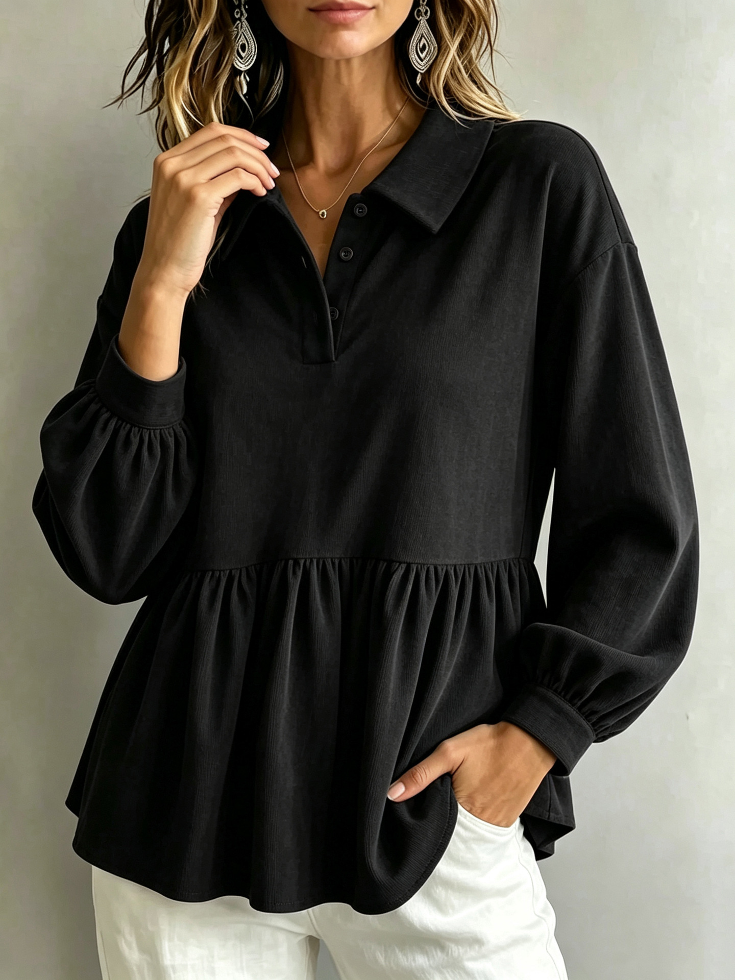 Women Burgundy Collared Peplum Blouse
