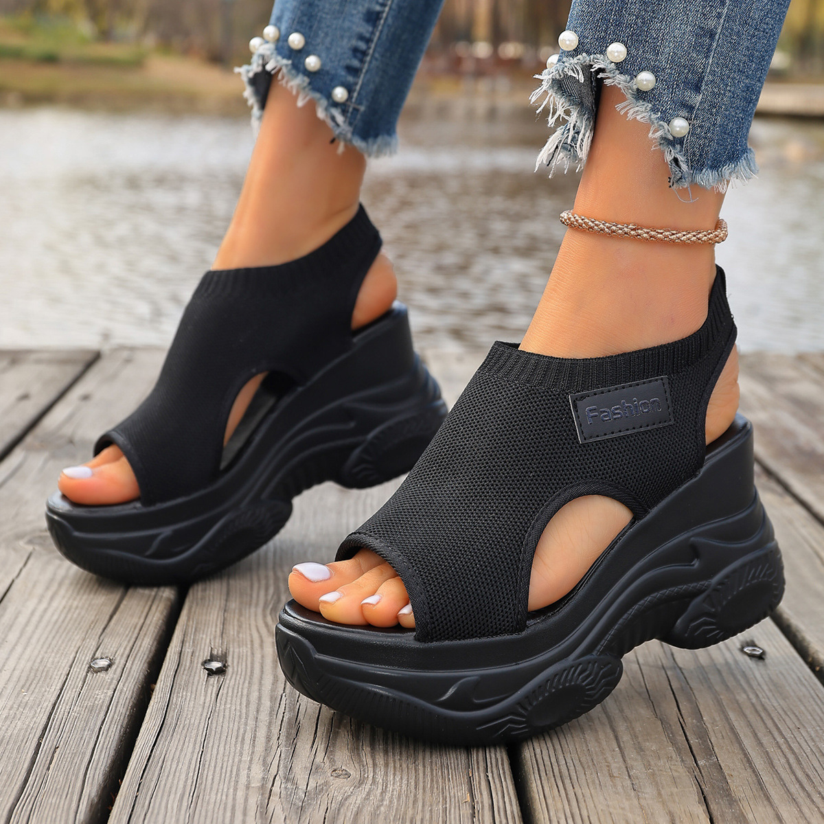 Women's Solid Color Casual Sandals, Platform Elastic Soft Sole Knitted Walking Shoes, Heightening Wedge Vacation Shoes