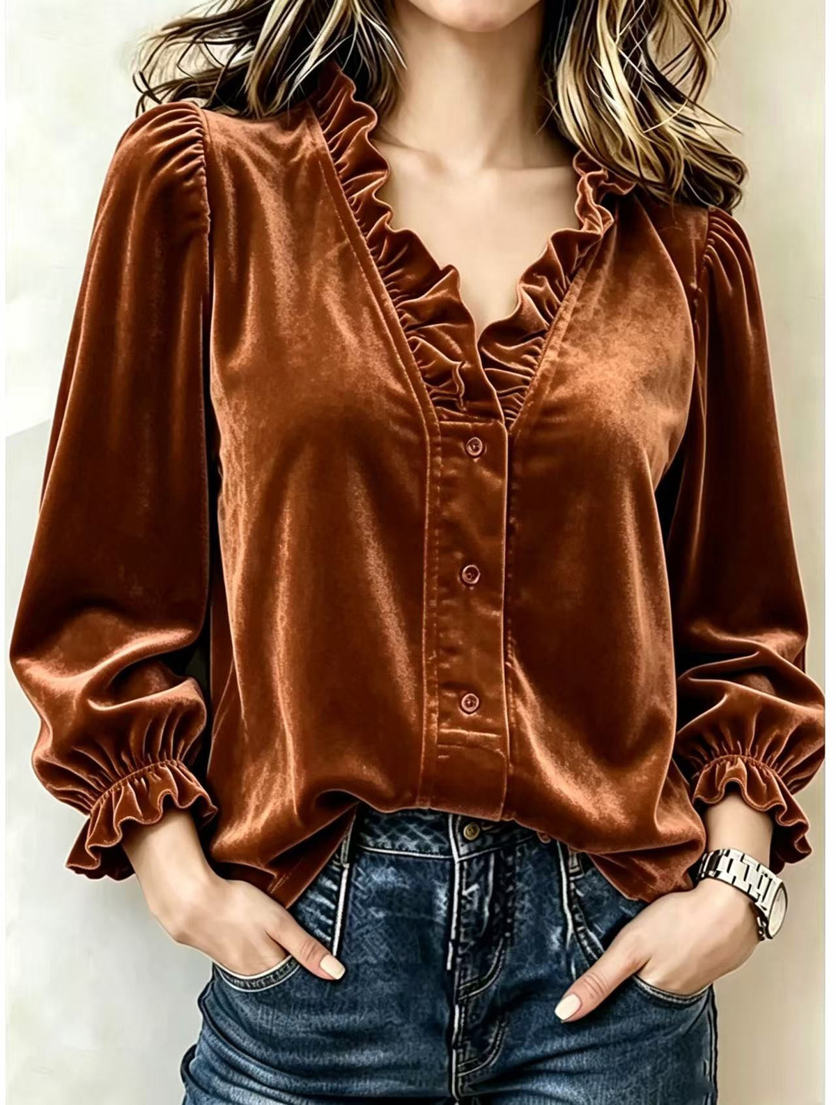 Women Elegant Ruffle-Trim Button Front Blouse