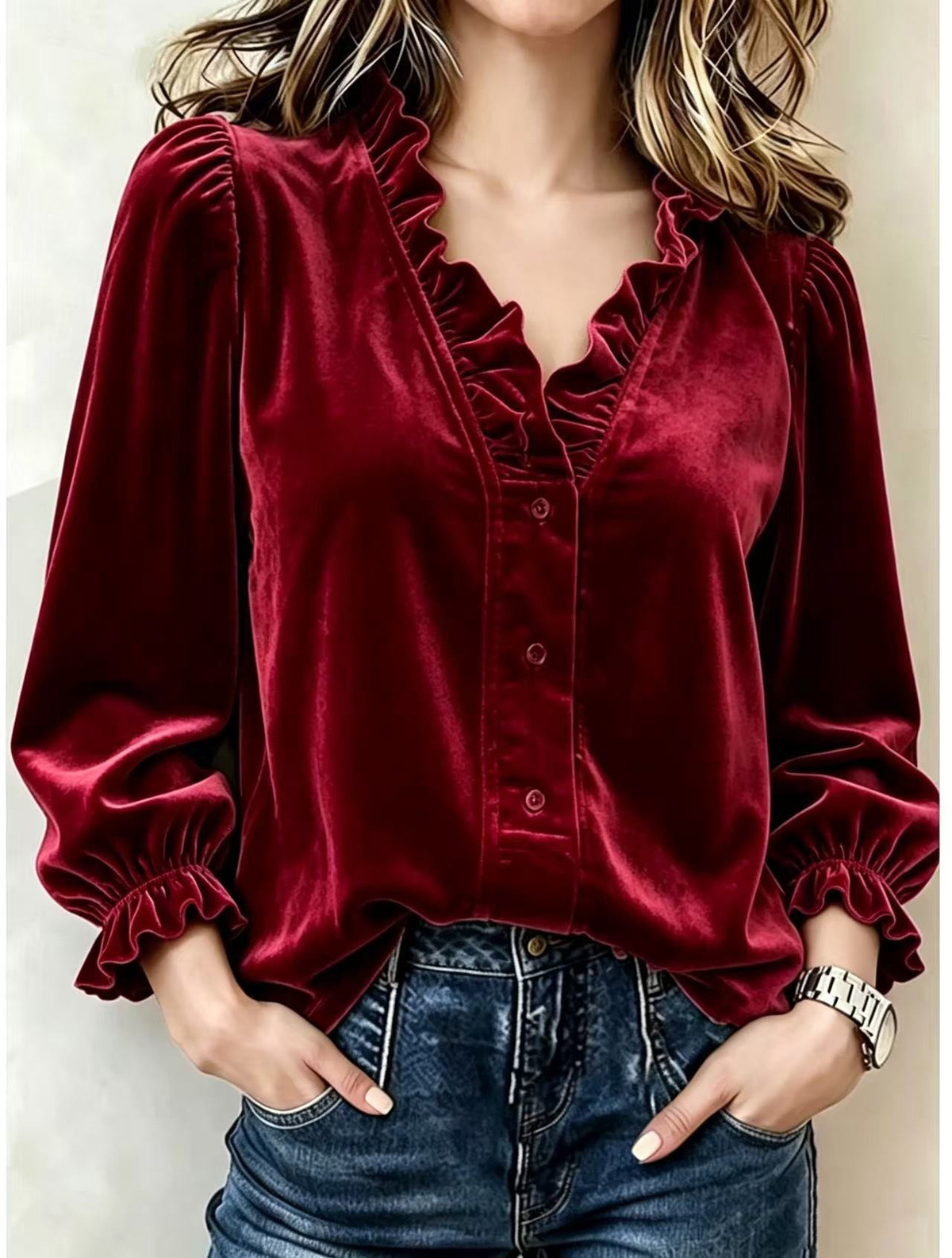 Women Elegant Ruffle-Trim Button Front Blouse