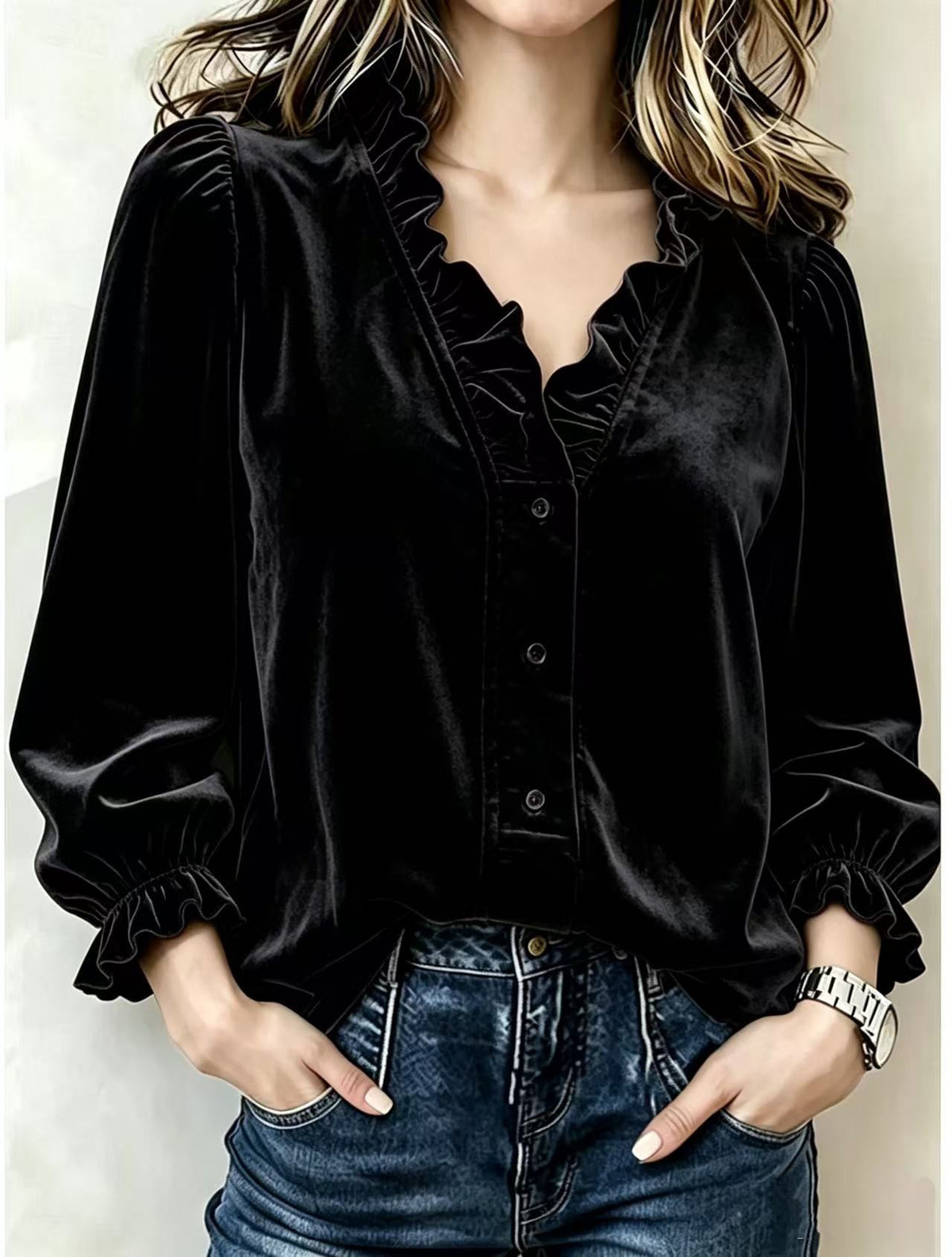 Women Elegant Ruffle-Trim Button Front Blouse