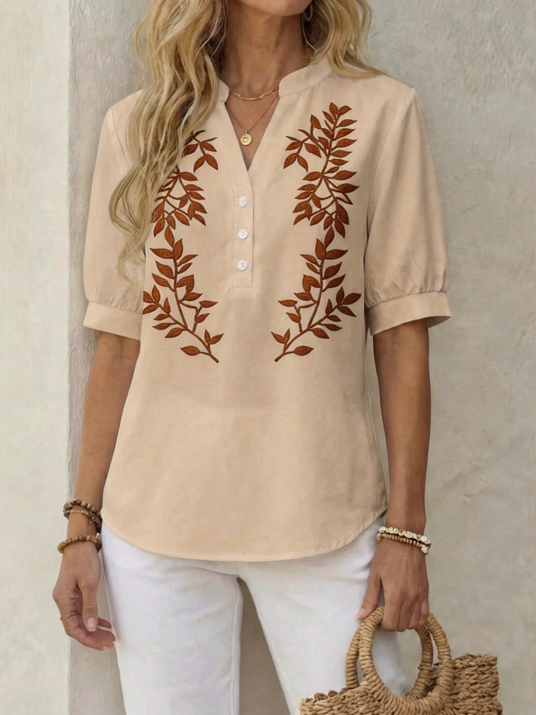 Women Botanical Print Puff Sleeve Blouse