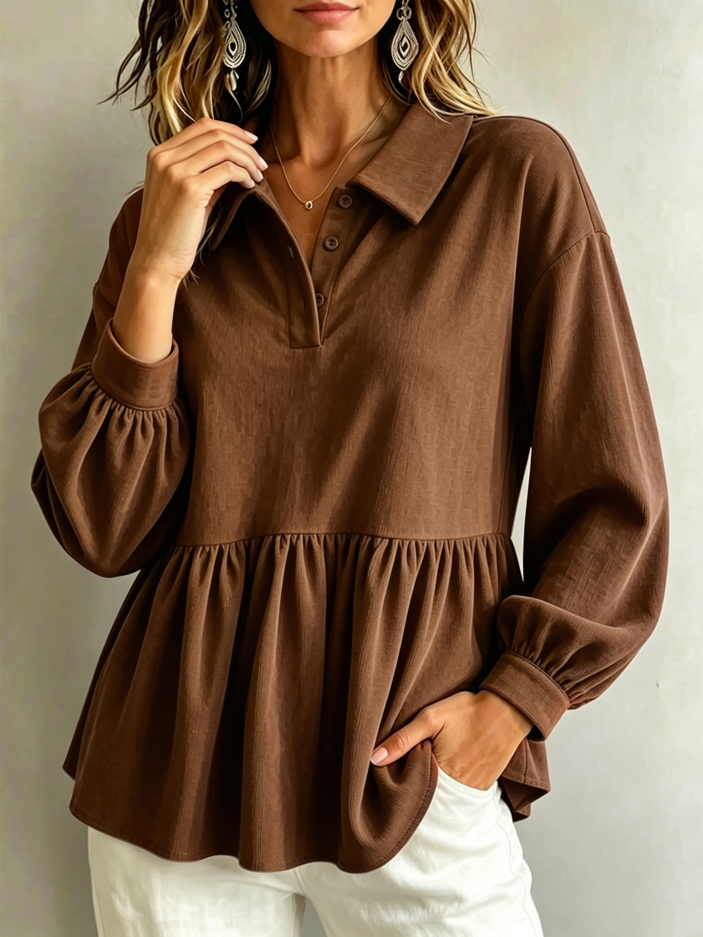 Women Burgundy Collared Peplum Blouse