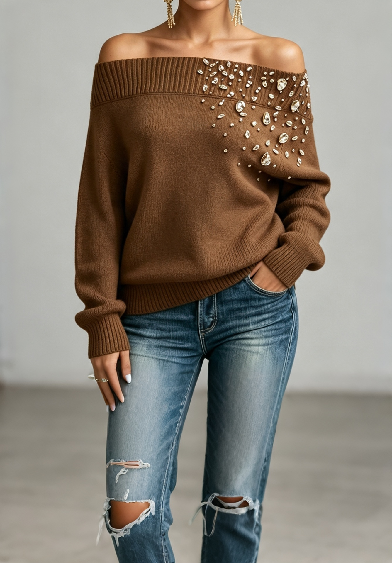 Women Embellished Off-Shoulder Knit Sweater