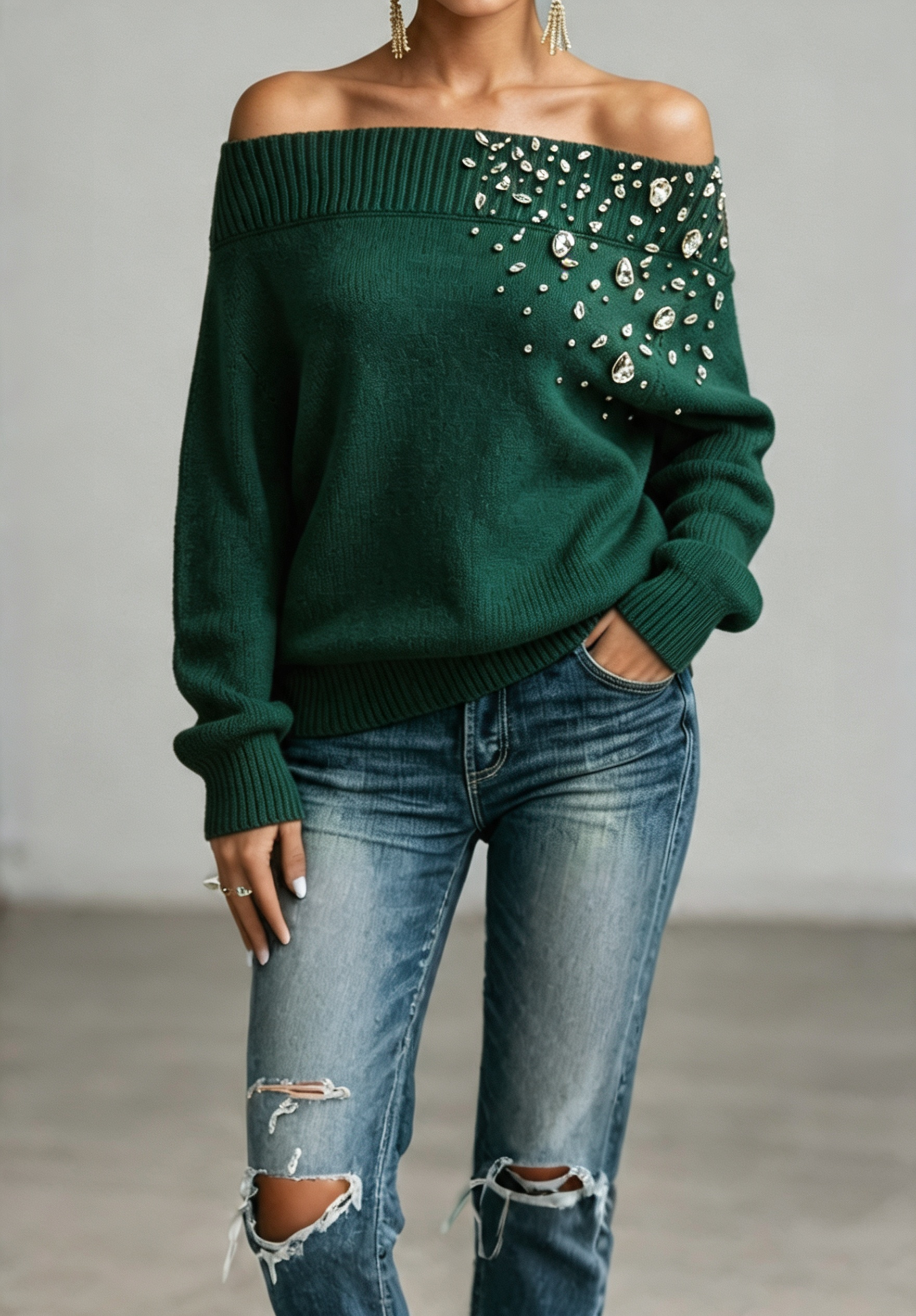 Women Embellished Off-Shoulder Knit Sweater