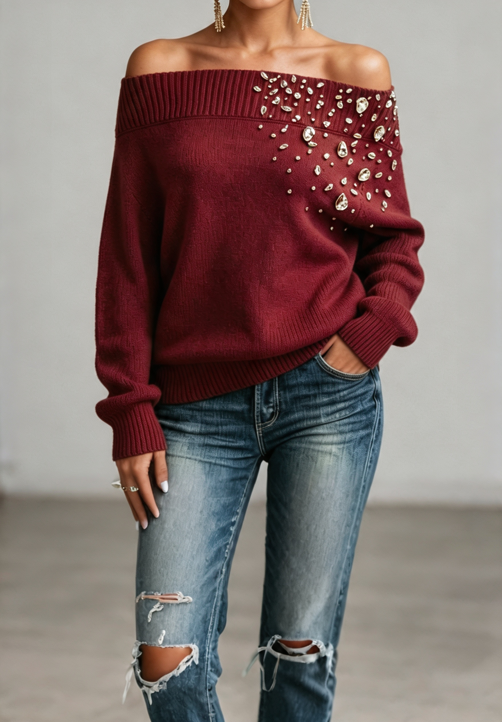 Women Embellished Off-Shoulder Knit Sweater