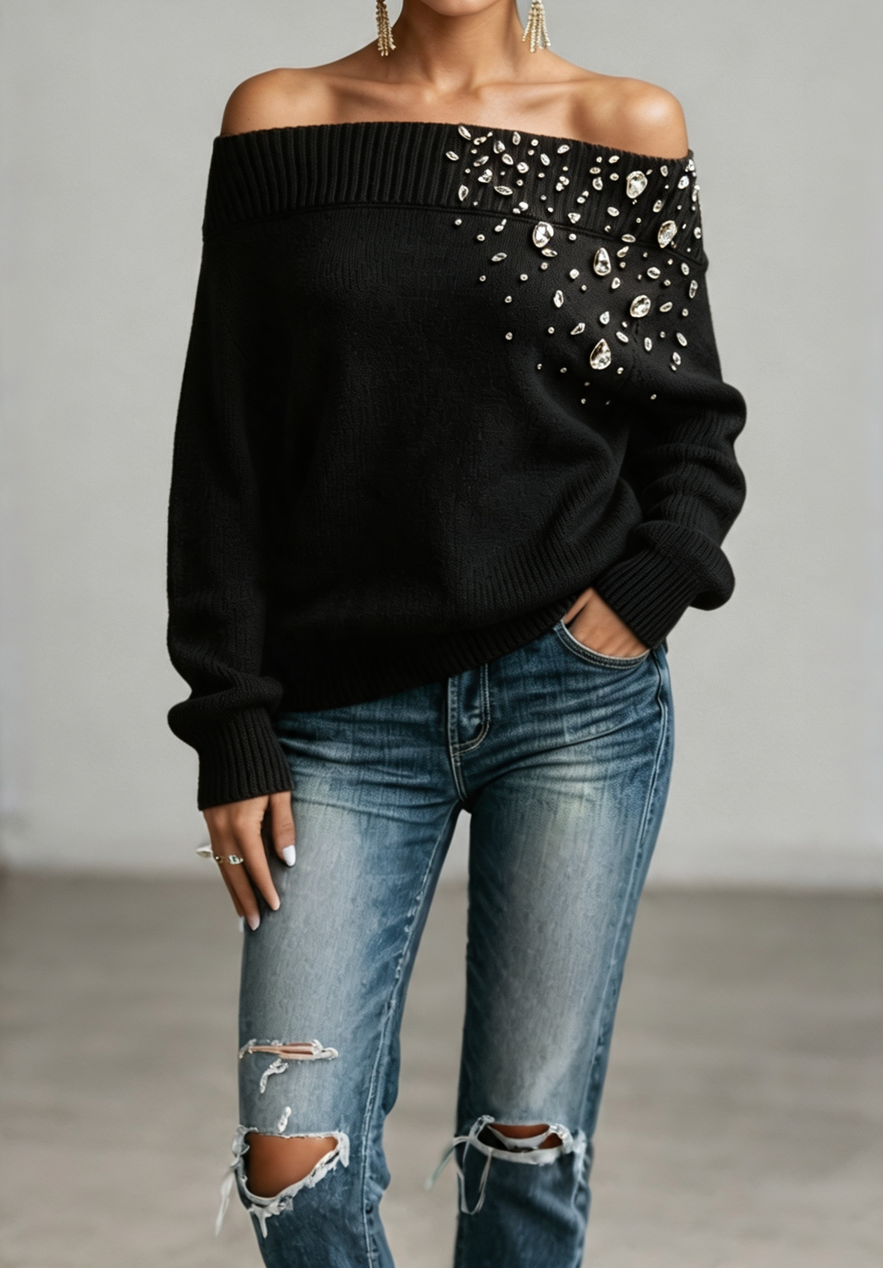 Women Embellished Off-Shoulder Knit Sweater