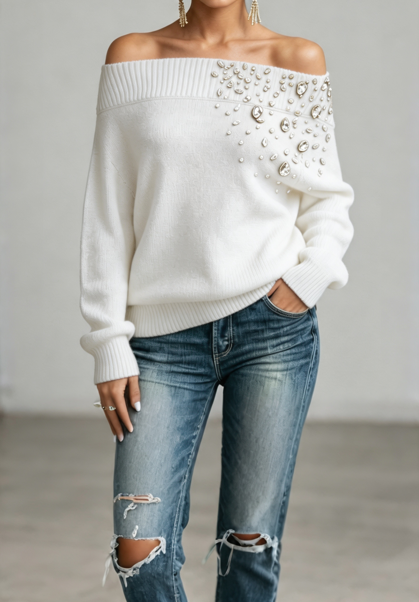 Women Embellished Off-Shoulder Knit Sweater