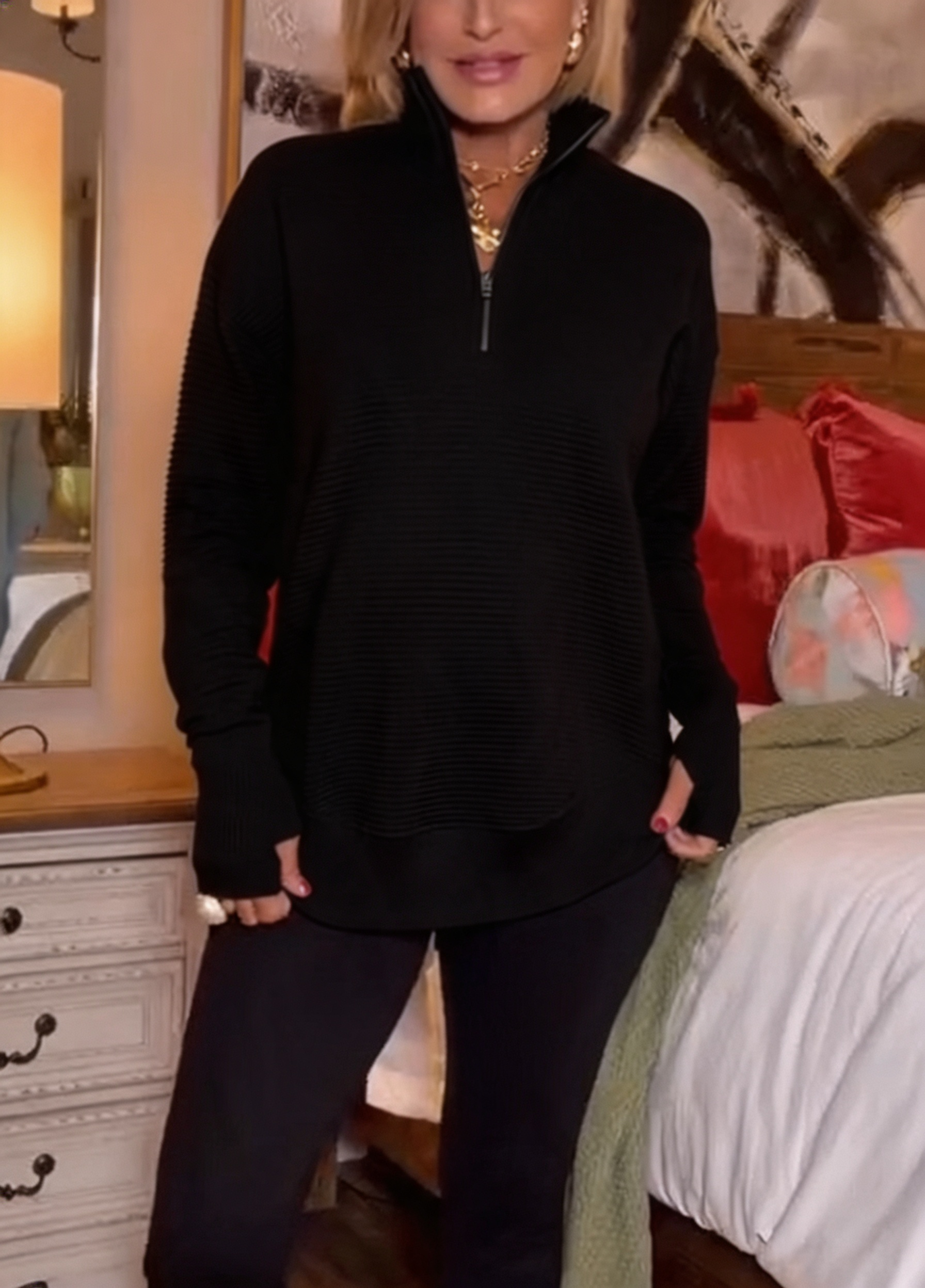 Women Cozy Ribbed Half-Zip Pullover