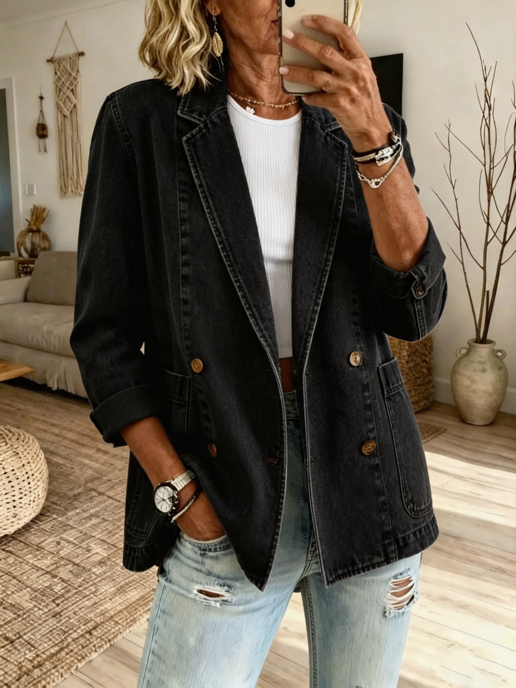 Women's Solid Wash Denim Blazer Jacket