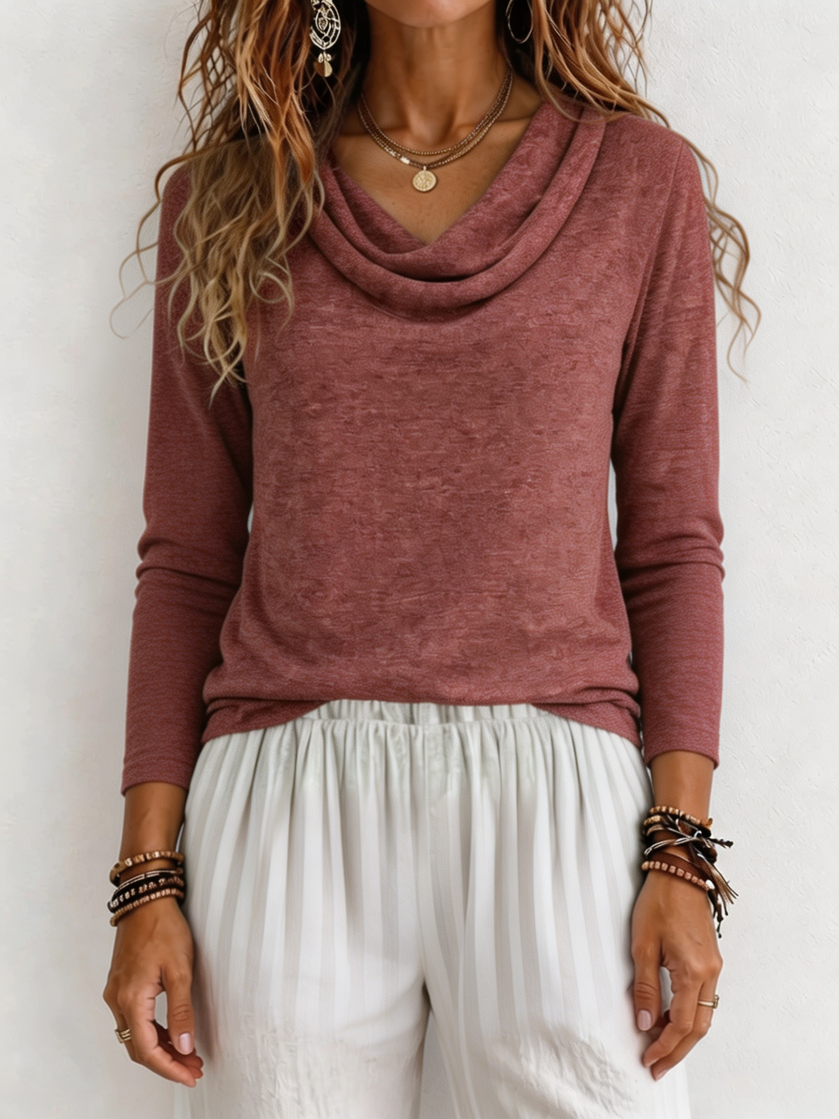 Women Casual Cowl Neck Long-Sleeve Top