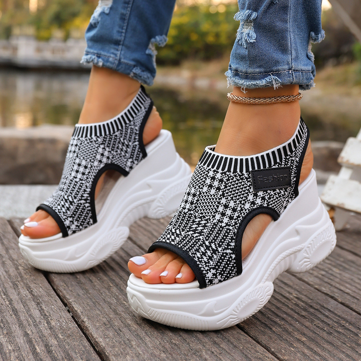 Women's Solid Color Casual Sandals, Platform Elastic Soft Sole Knitted Walking Shoes, Heightening Wedge Vacation Shoes