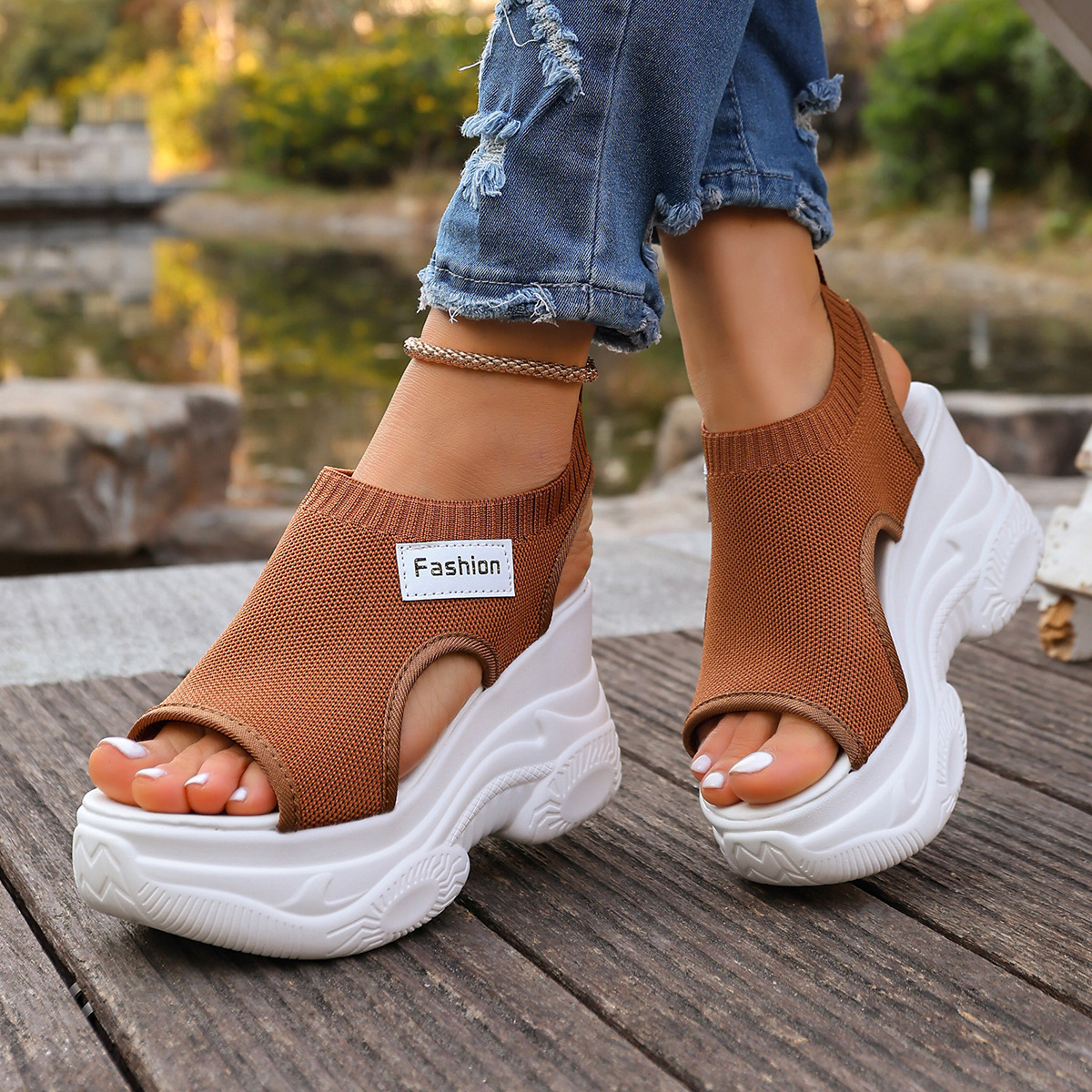 Women's Solid Color Casual Sandals, Platform Elastic Soft Sole Knitted Walking Shoes, Heightening Wedge Vacation Shoes