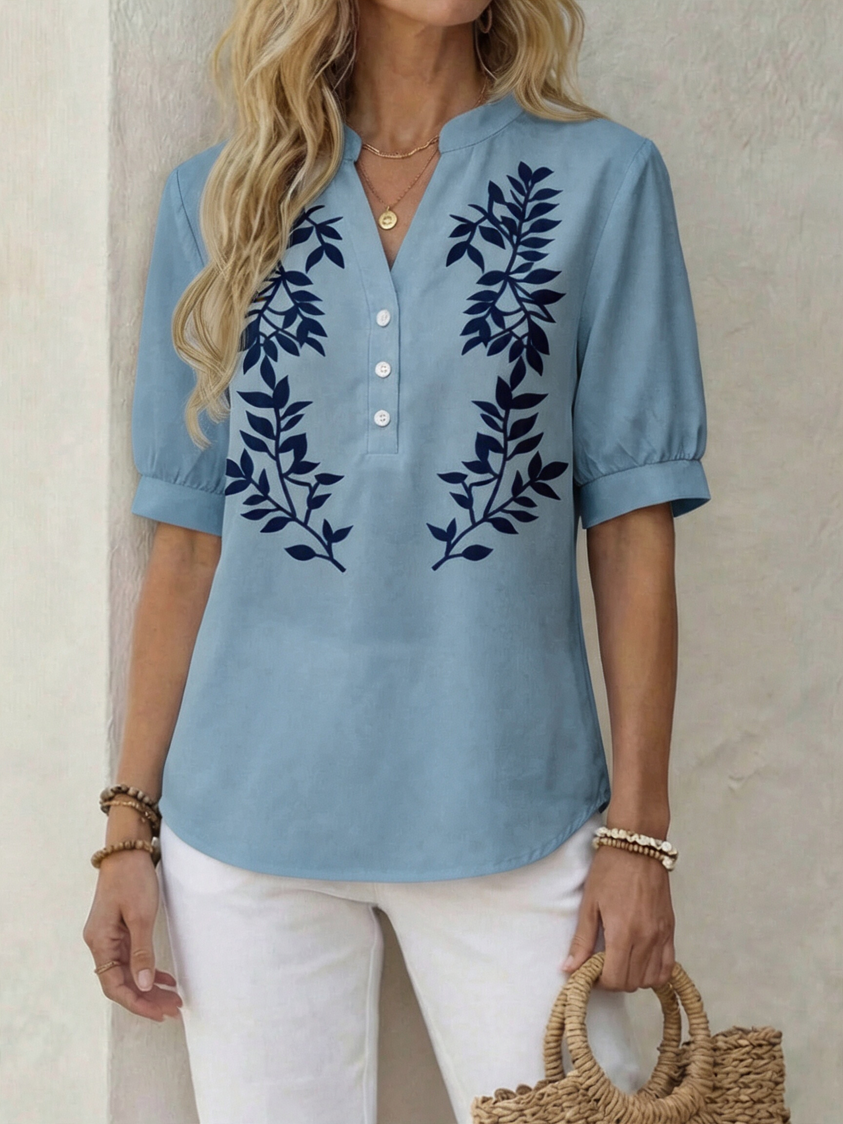 Women Botanical Print Puff Sleeve Blouse