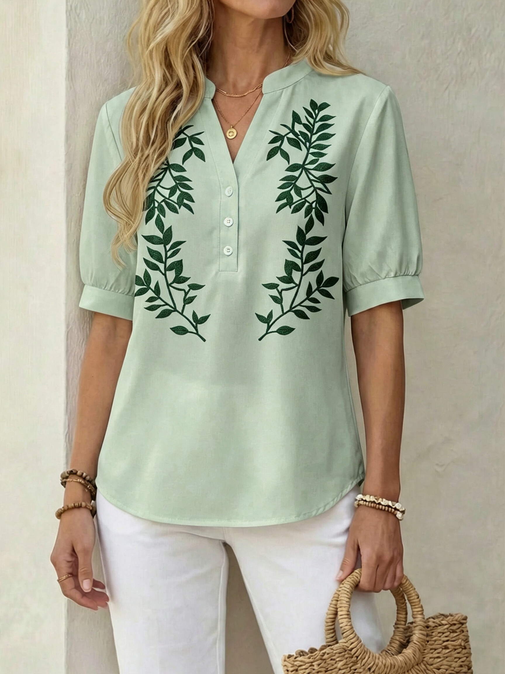 Women Botanical Print Puff Sleeve Blouse