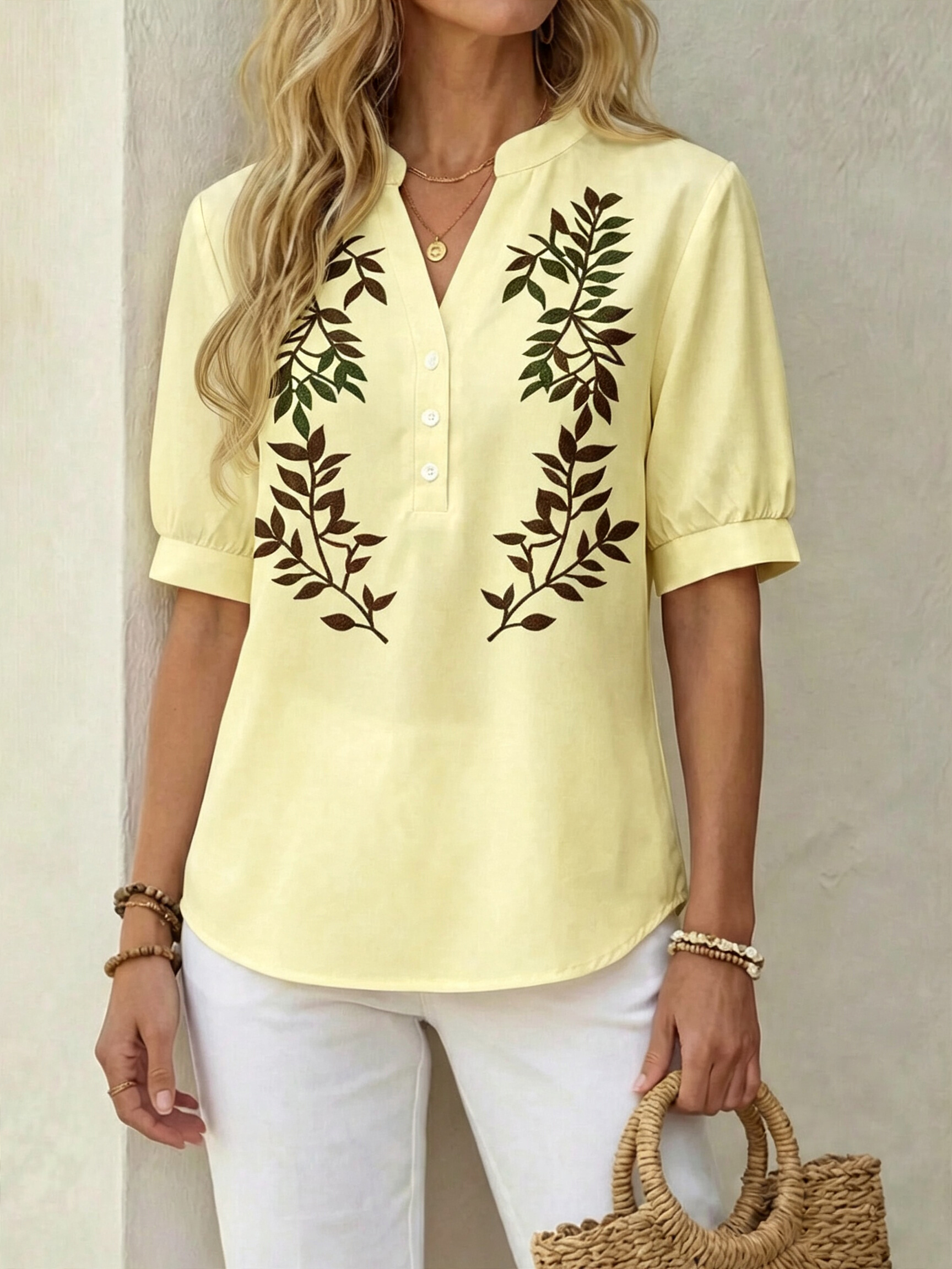 Women Botanical Print Puff Sleeve Blouse