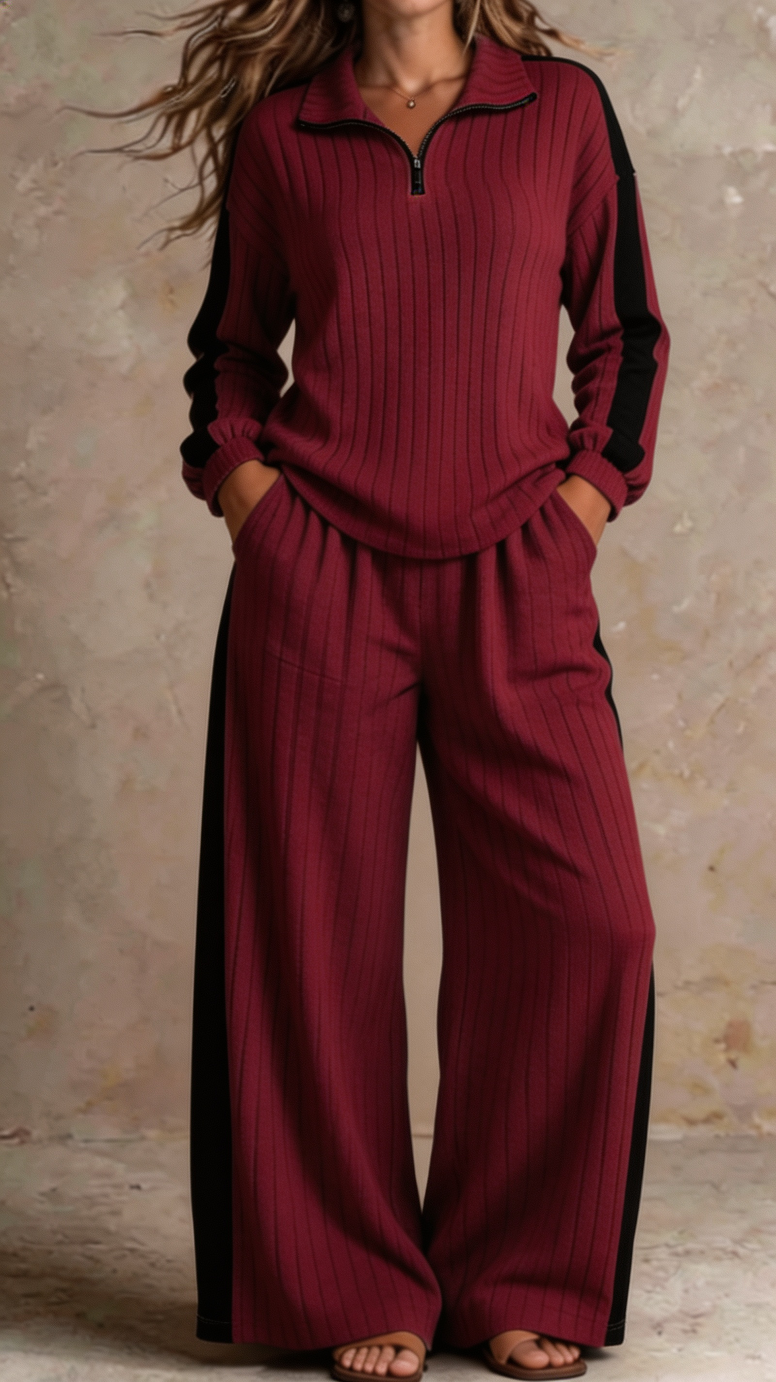 Women Ribbed Half-Zip Lounge Two-Piece Set