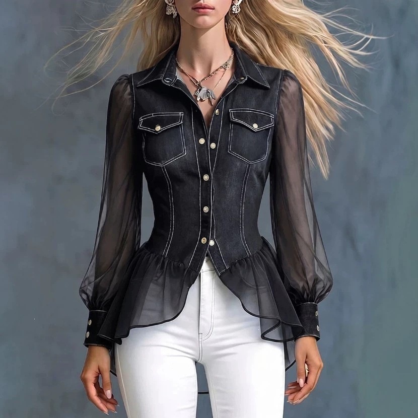 Women's Denim Patchwork Organza See Through Puff Sleeve Button Pockets Peplum Blouse
