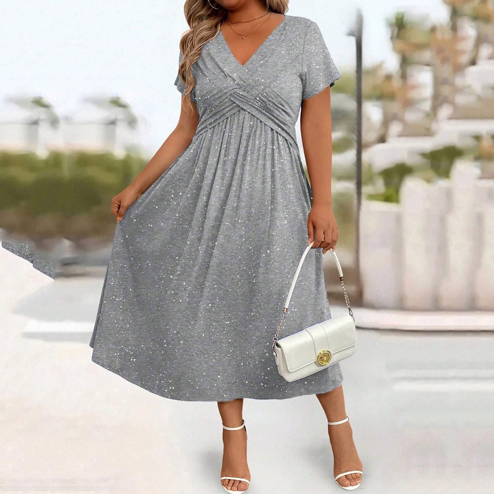 Women V-Neck Short Sleeve Midi Dresses